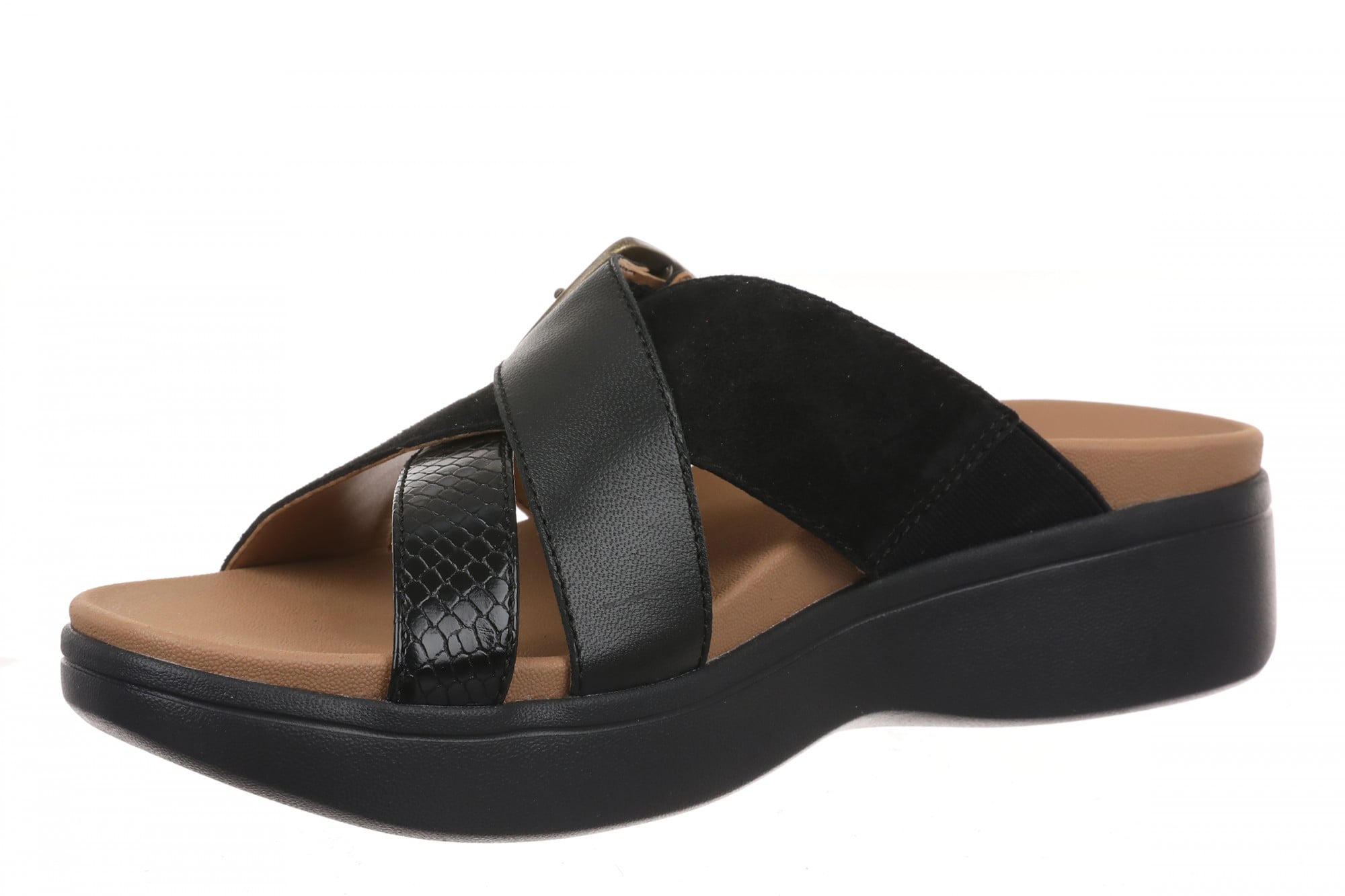 Vionic Starla Women's Orthotic Slide Sandal - Adjustable Buckle Comfort Platform - Black - Left angle