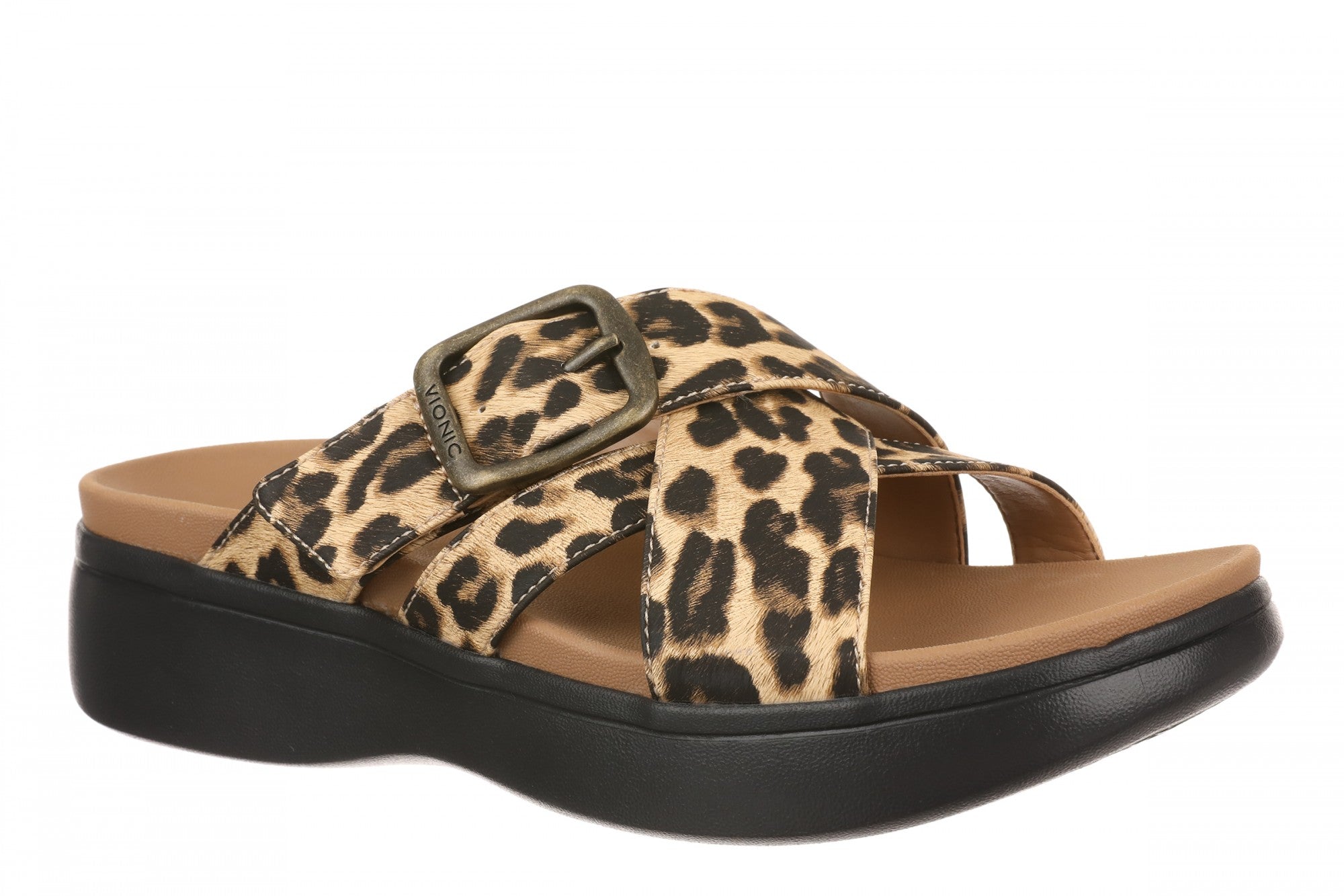 Vionic Starla Women's Orthotic Slide Sandal - Adjustable Buckle Comfort Platform in Tan Leopard