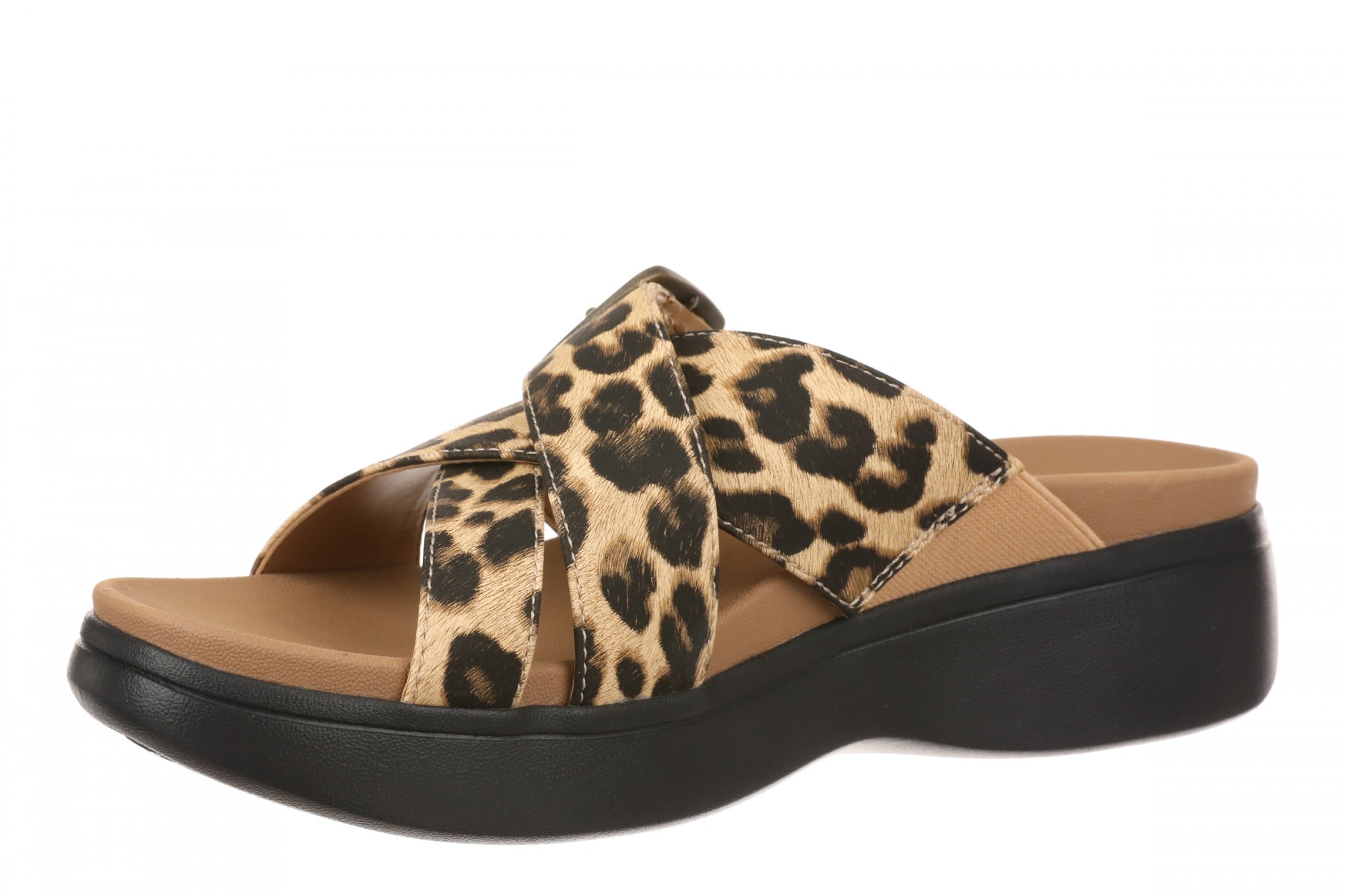 Vionic Starla Women's Orthotic Slide Sandal - Adjustable Buckle Comfort Platform - Tan Leopard - Left angle