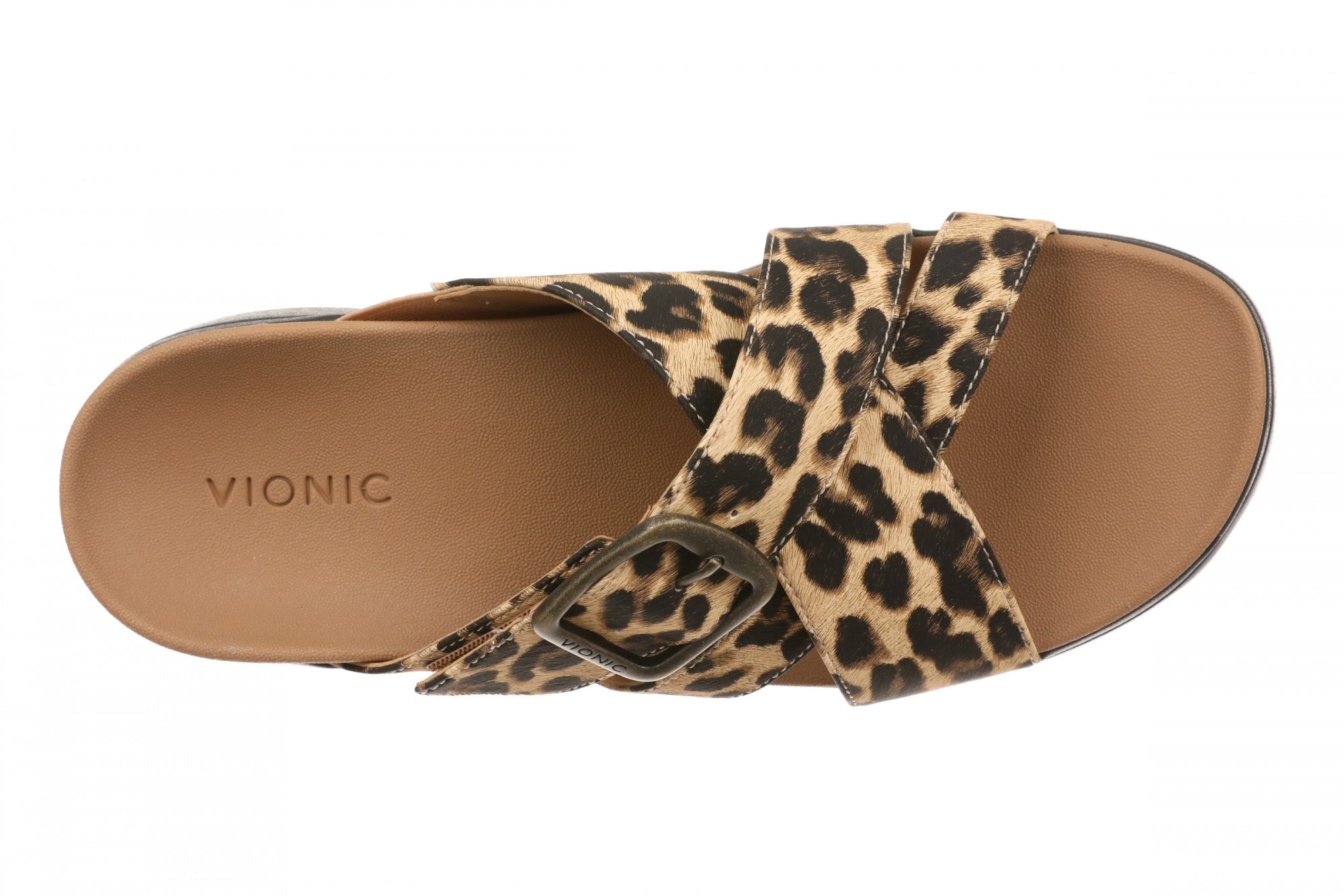 Vionic Starla Women's Orthotic Slide Sandal - Adjustable Buckle Comfort Platform - Tan Leopard - Top