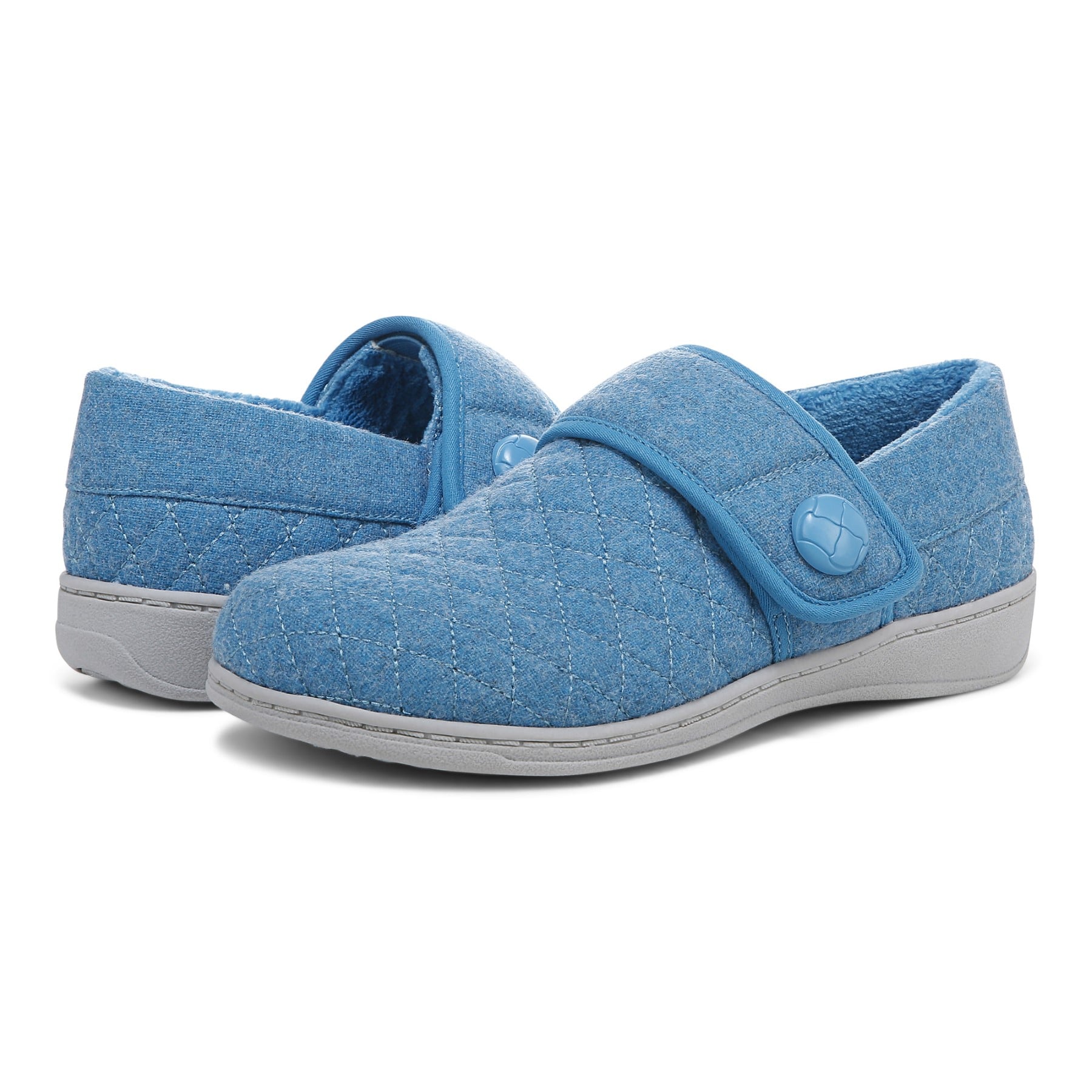 Vionic Jackie Women's Adjustable Supportive Slipper - Horizon Blue - pair left angle