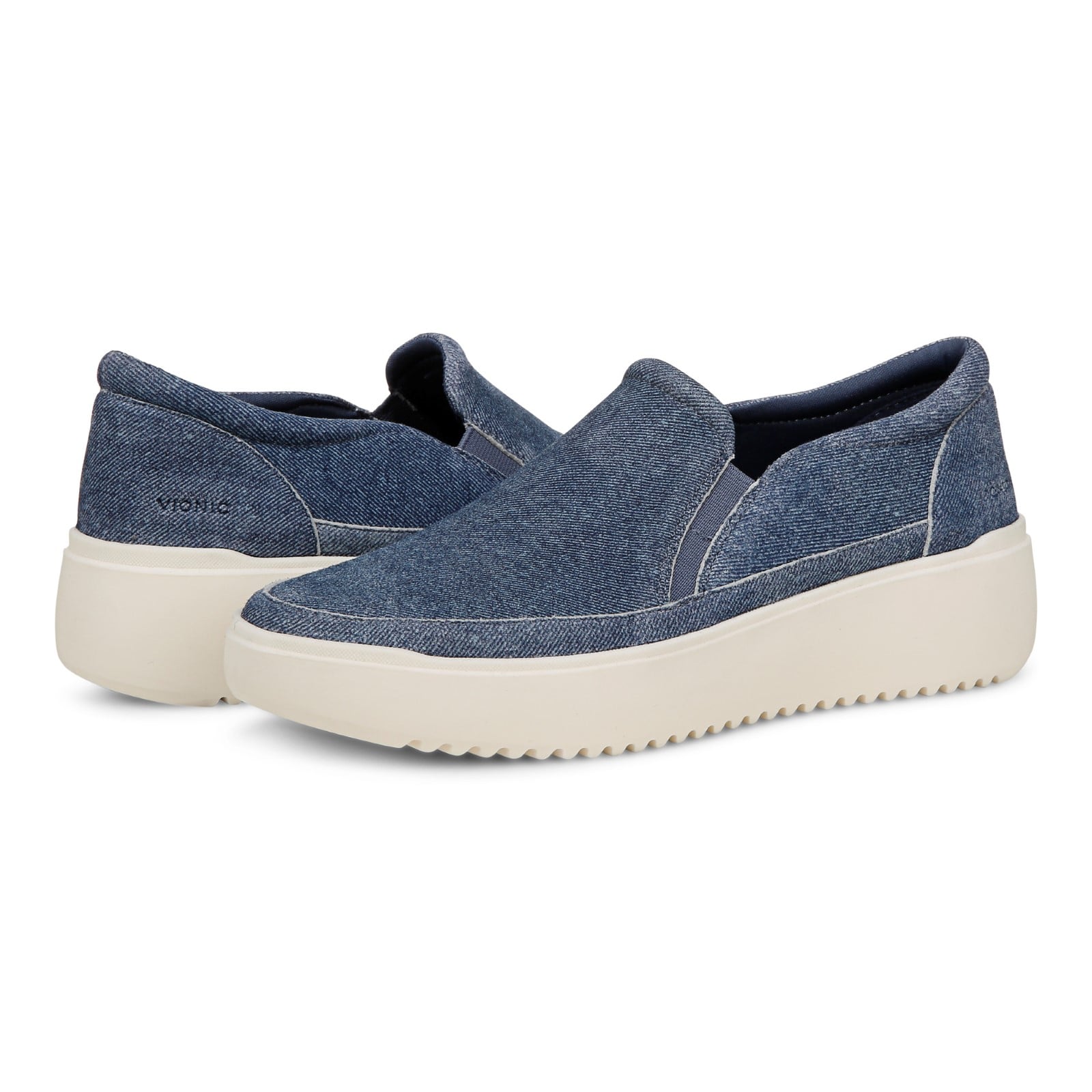 Vionic Kearny Women's Platform Slip-On Comfort Sneaker - Denim Blue - pair left angle