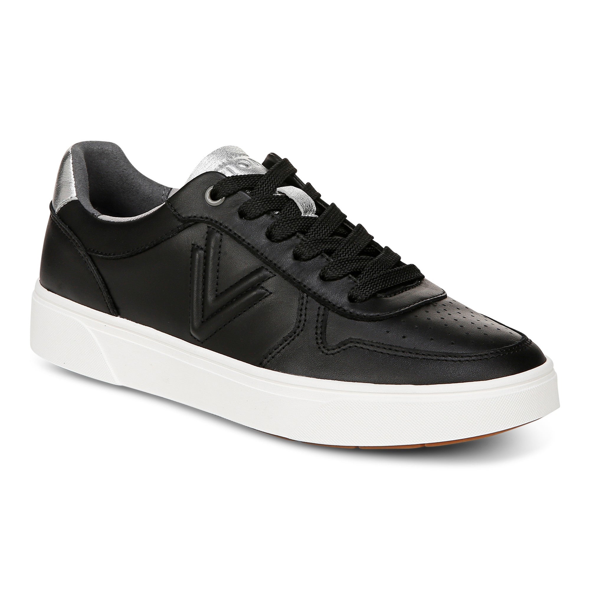Vionic Kimmie Court - Women's Casual Leather Lace-up Orthotic Shoe - Black/silver - Angle main