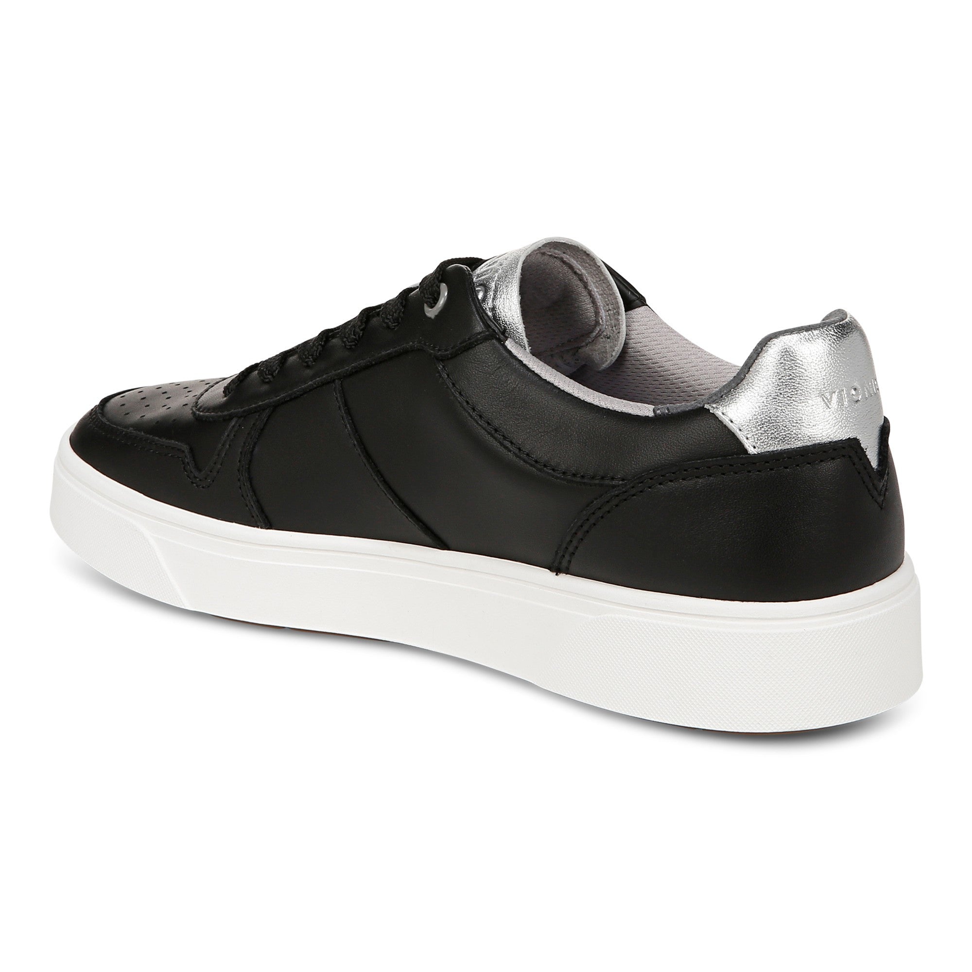 Vionic Kimmie Court - Women's Casual Leather Lace-up Orthotic Shoe - Black/silver - Back angle