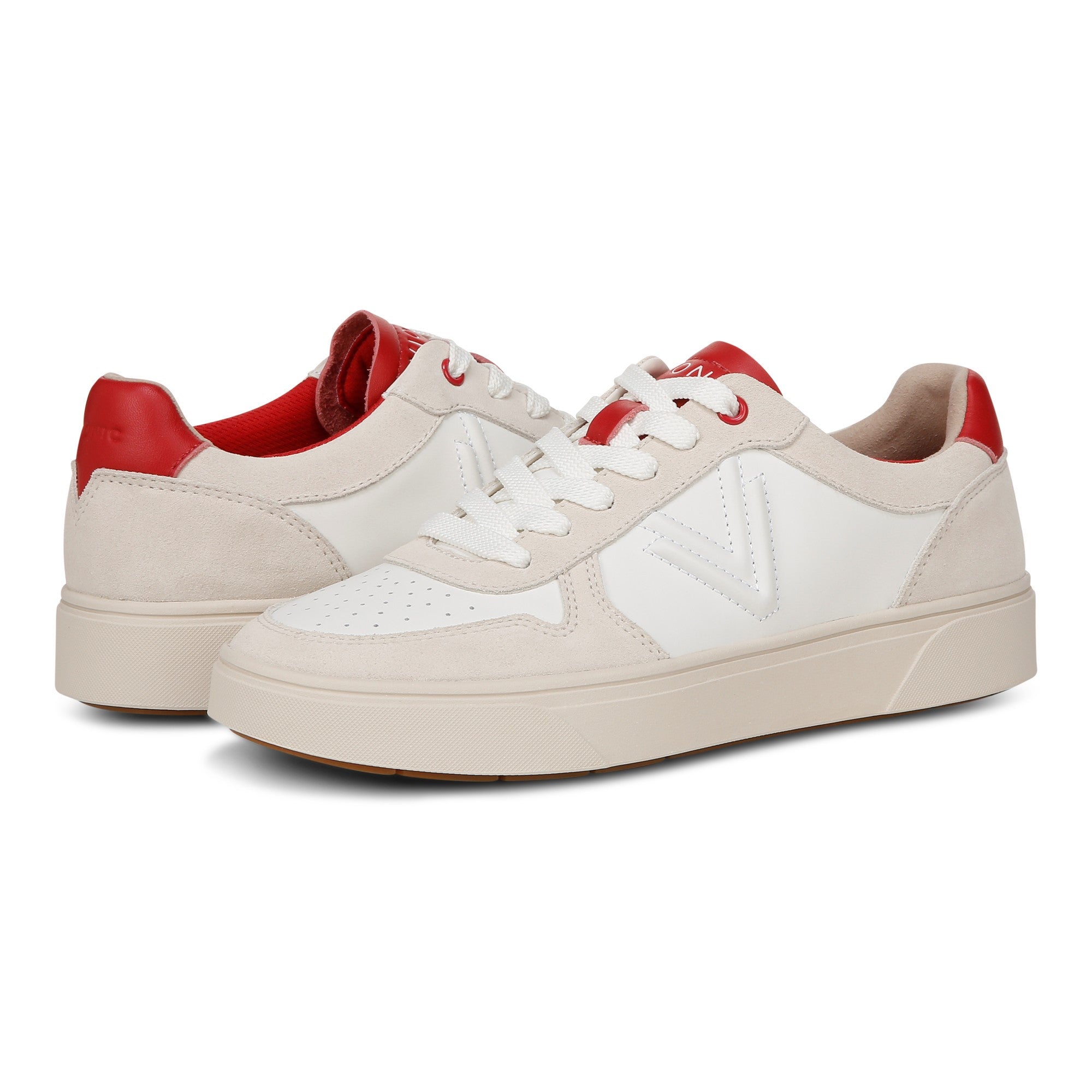 Vionic Kimmie Court - Women's Casual Leather Lace-up Orthotic Shoe - Cream/red - pair left angle