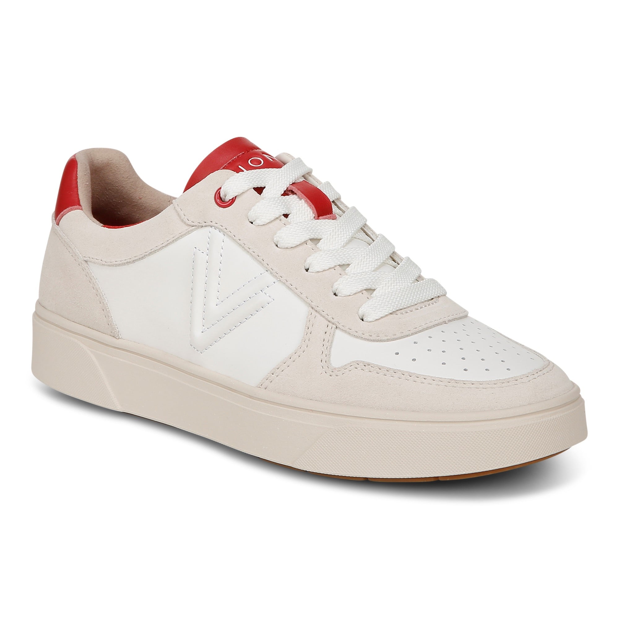 Vionic Kimmie Court - Women's Casual Leather Lace-up Orthotic Shoe - Cream/red - Angle main