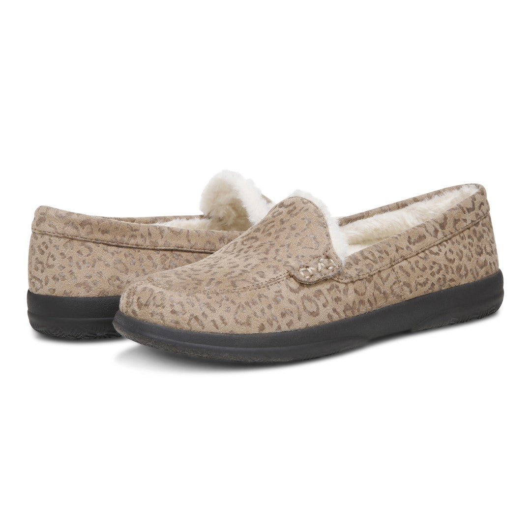 Vionic Lynez Women's Supportive Slipper - Brown Leopard Print - pair left angle