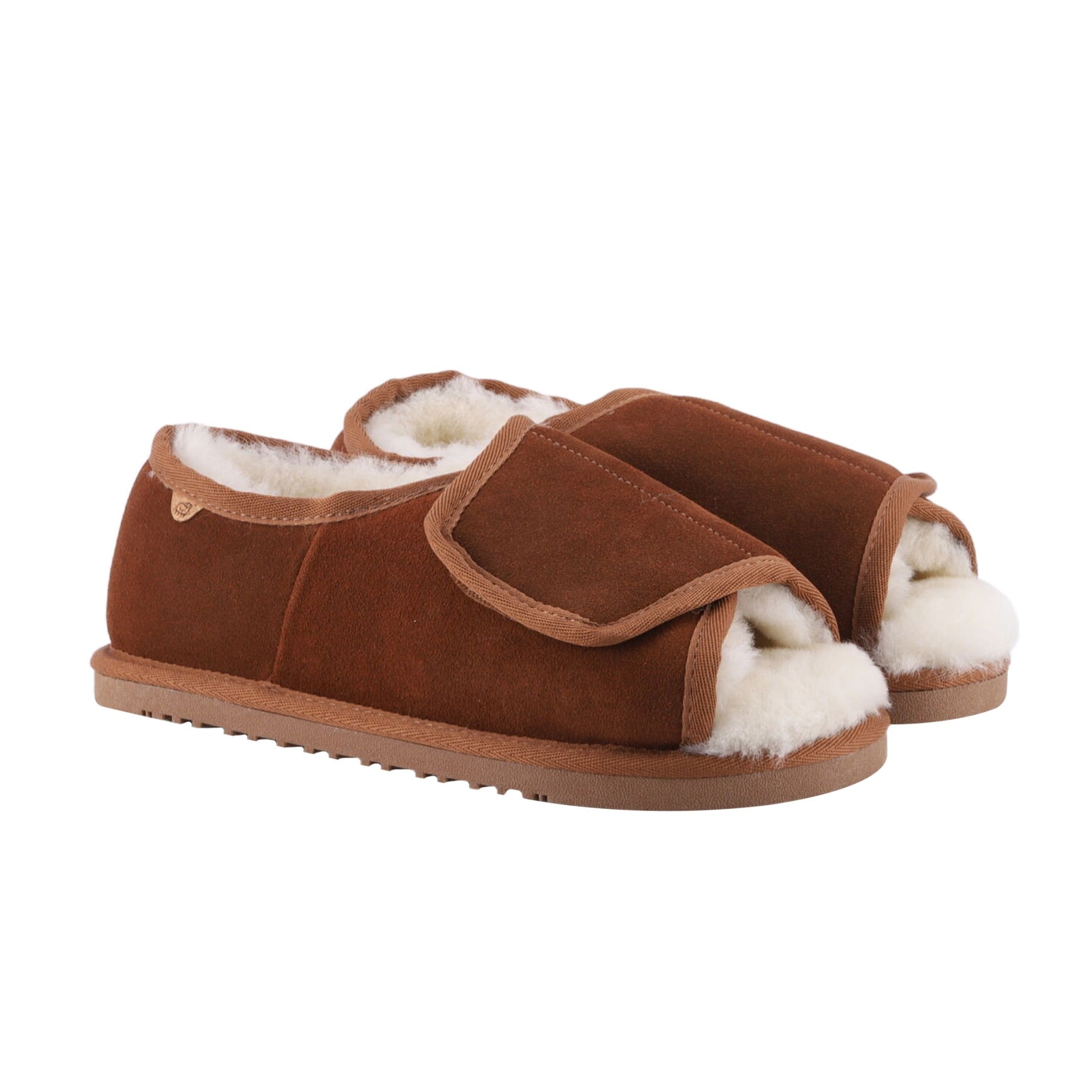 Lamo APMA Women's Open Toe Wrap Women's Slippers CW2337 - Chestnut - Pair View with Bottom