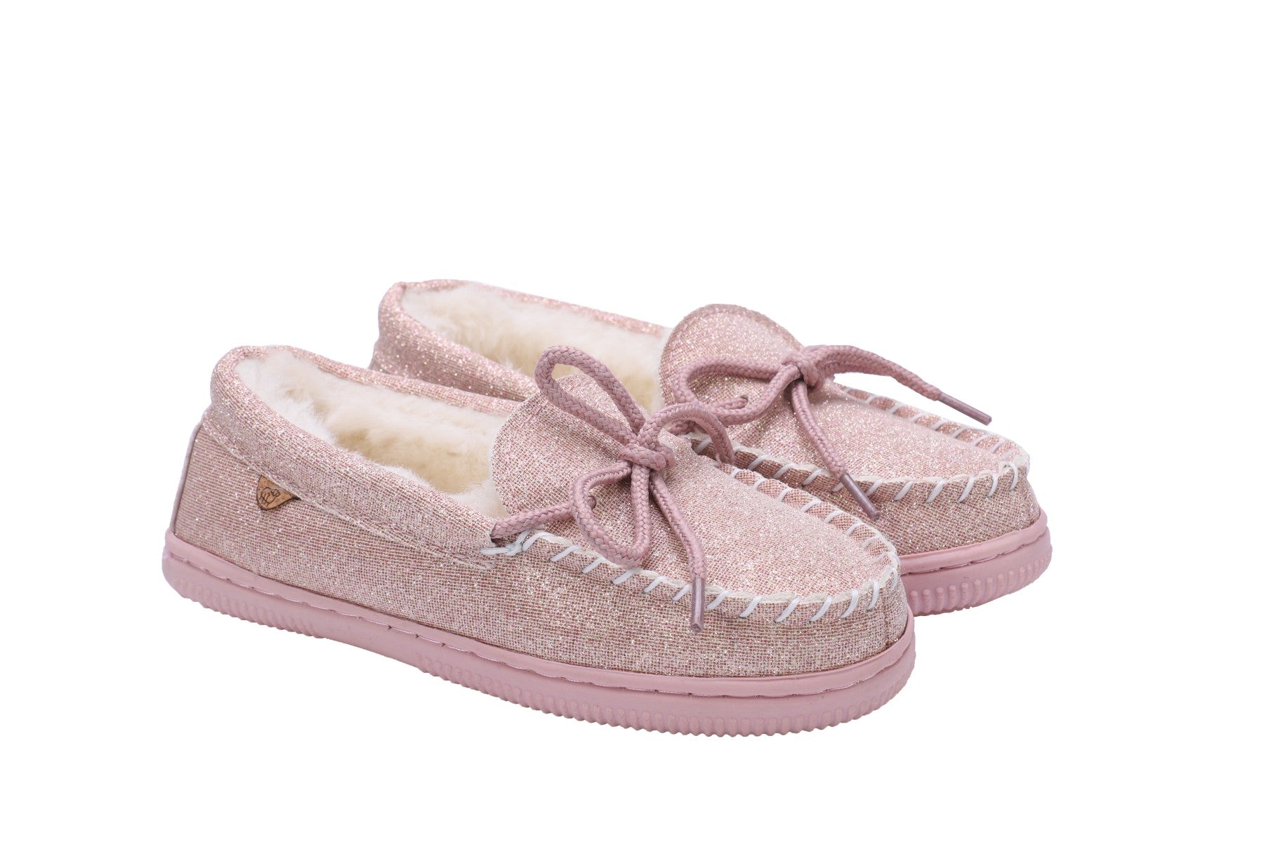 Lamo Kids' Moc Kids Slippers K0302 - Pink Glitter - Pair View with Bottom