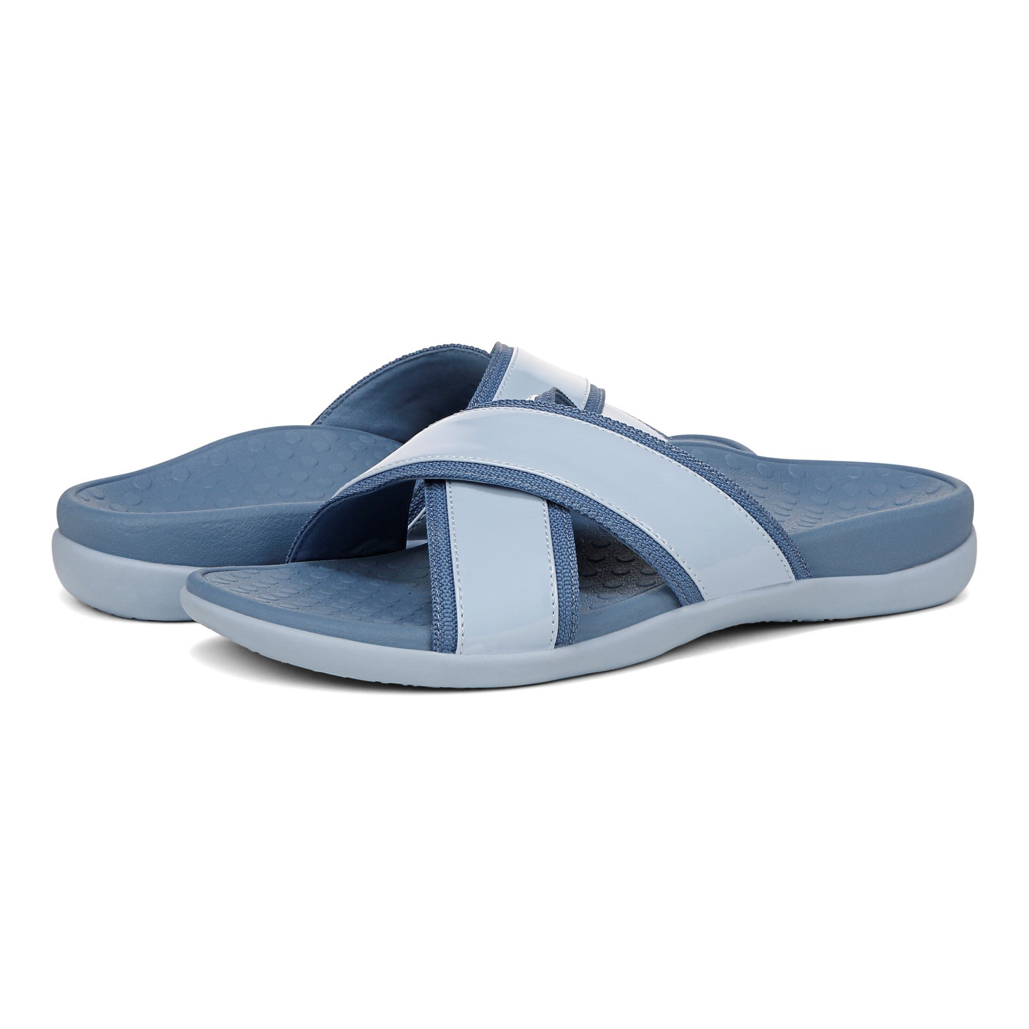 Vionic Merced Women's Cross Strap Slide Orthotic Sandals - Skyway Blue - pair left angle