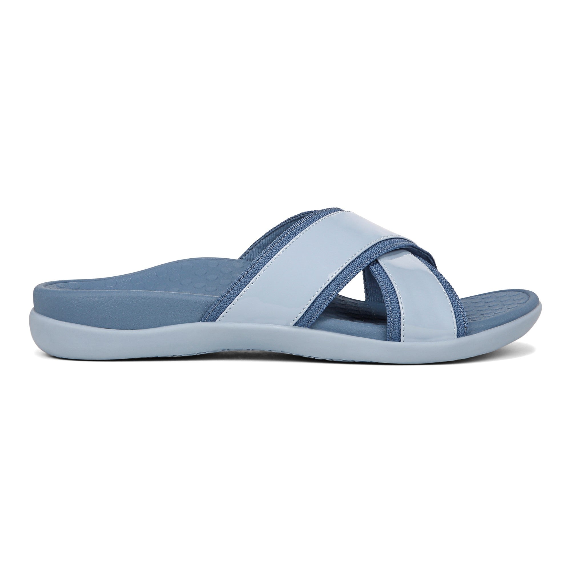 Vionic Merced Women's Cross Strap Slide Orthotic Sandals - Skyway Blue - Right side