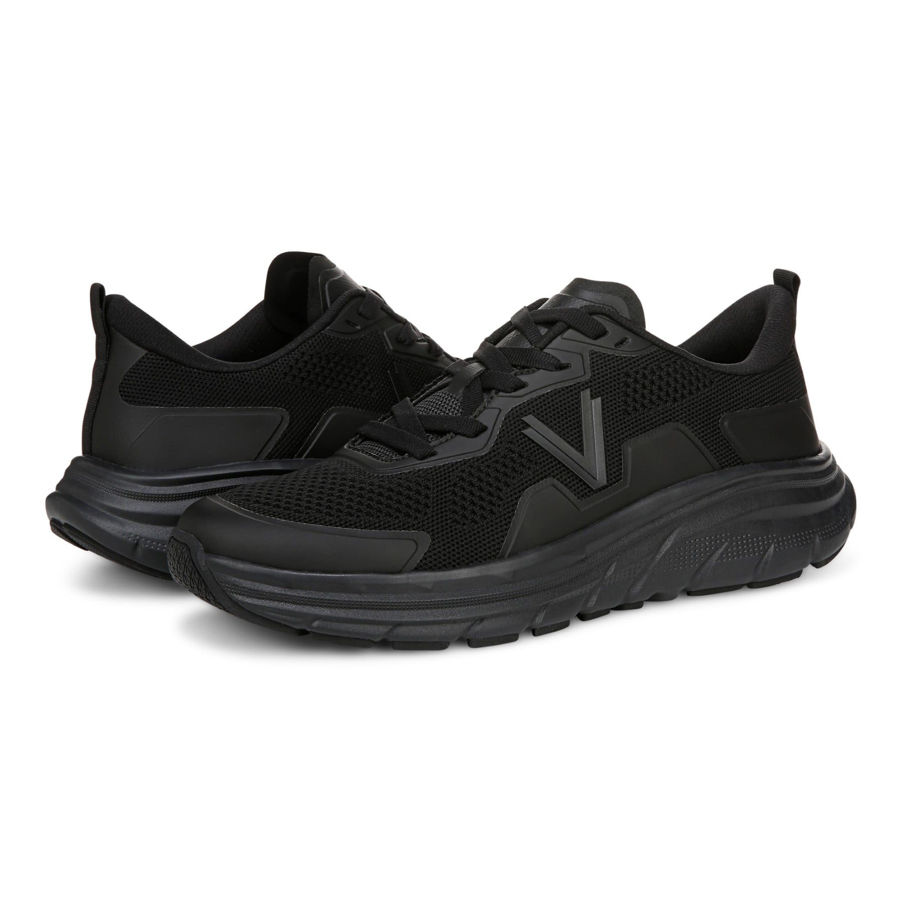 Vionic Men's Walk Max - Water Repellent Athletic Walking Shoes with Orthotic Support - All Black - pair left angle