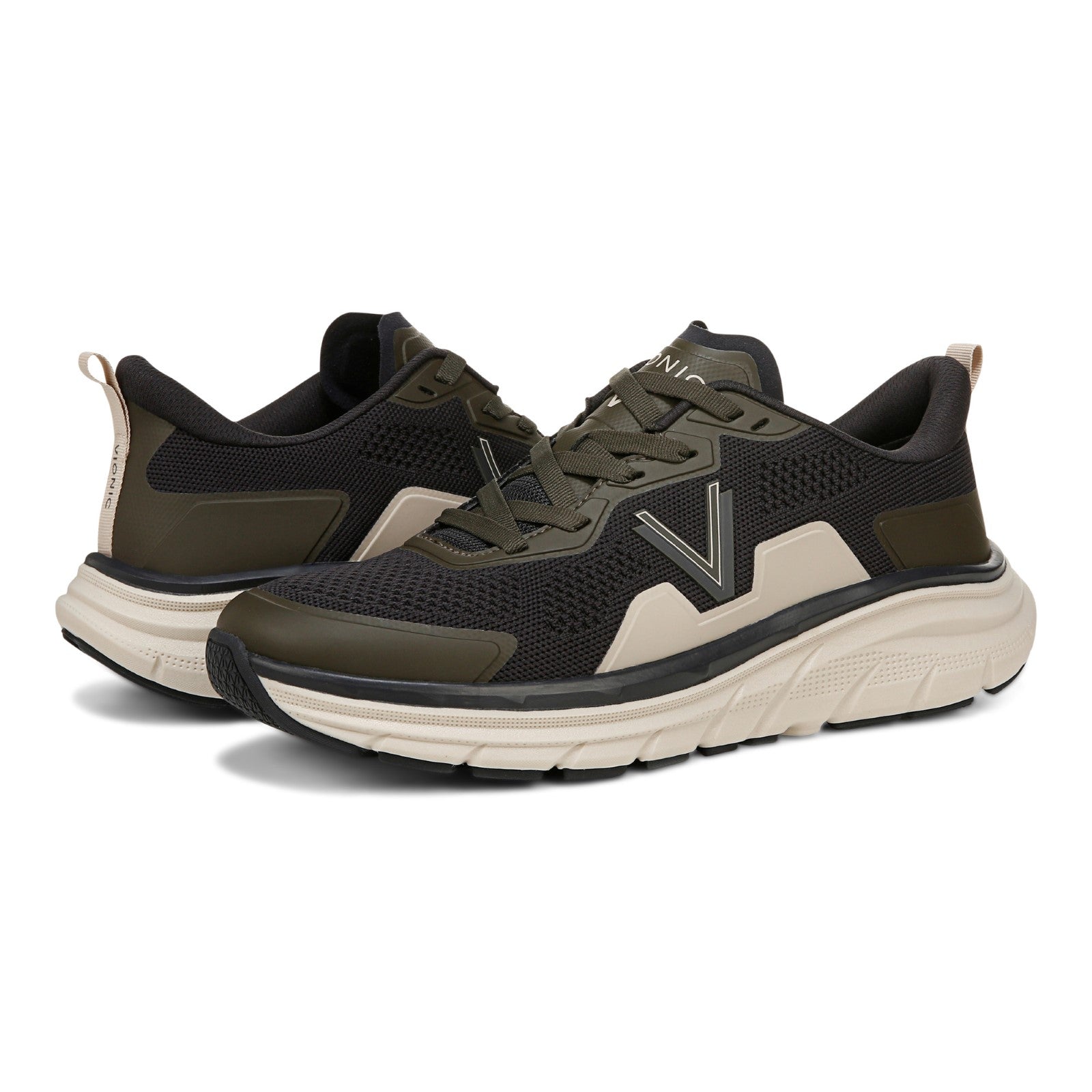 Vionic Men's Walk Max - Water Repellent Athletic Walking Shoes with Orthotic Support - Phantom Grey/Dark Khaki - pair left angle