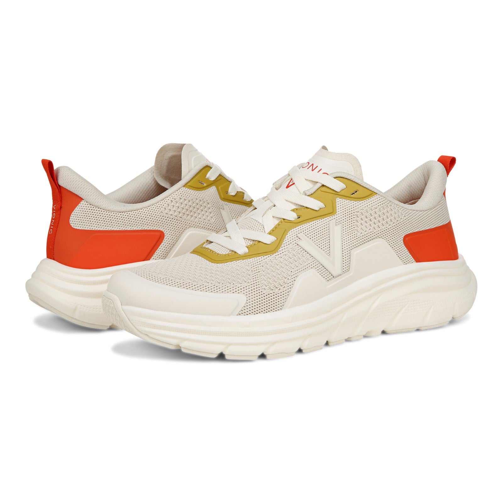 Vionic Men's Walk Max - Water Repellent Athletic Walking Shoes with Orthotic Support - Cream/Tangerine - pair left angle
