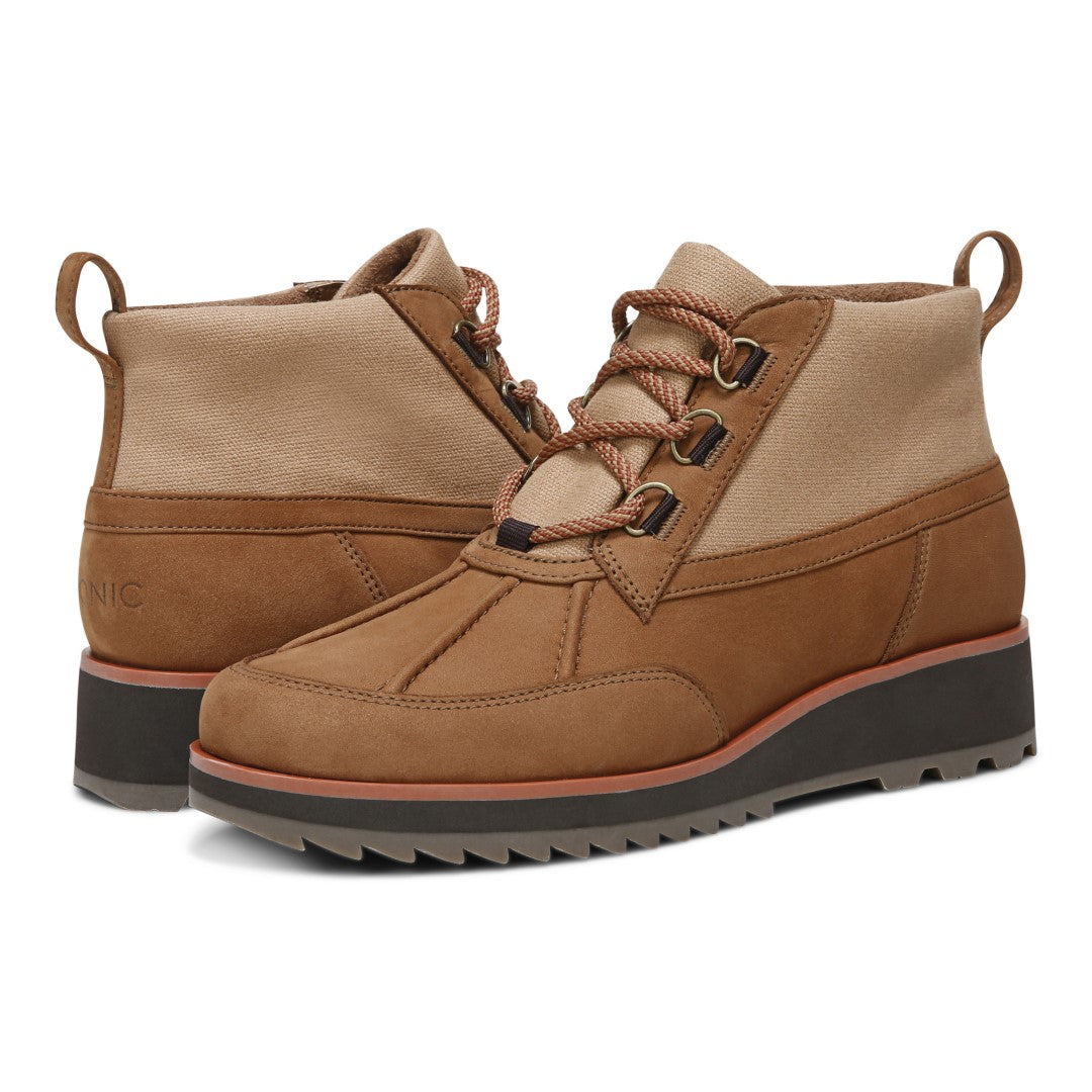 Vionic Nolan Womens Ankle/Bootie Shrtboot - Toffee Lthr Canvas - pair left angle