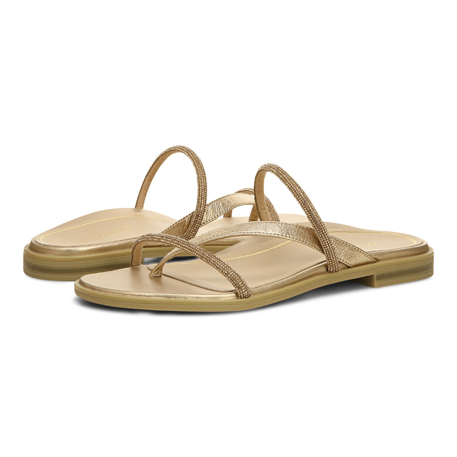 Vionic Prism Womens Slide Sandals - Gold Metallic - pair left angle
