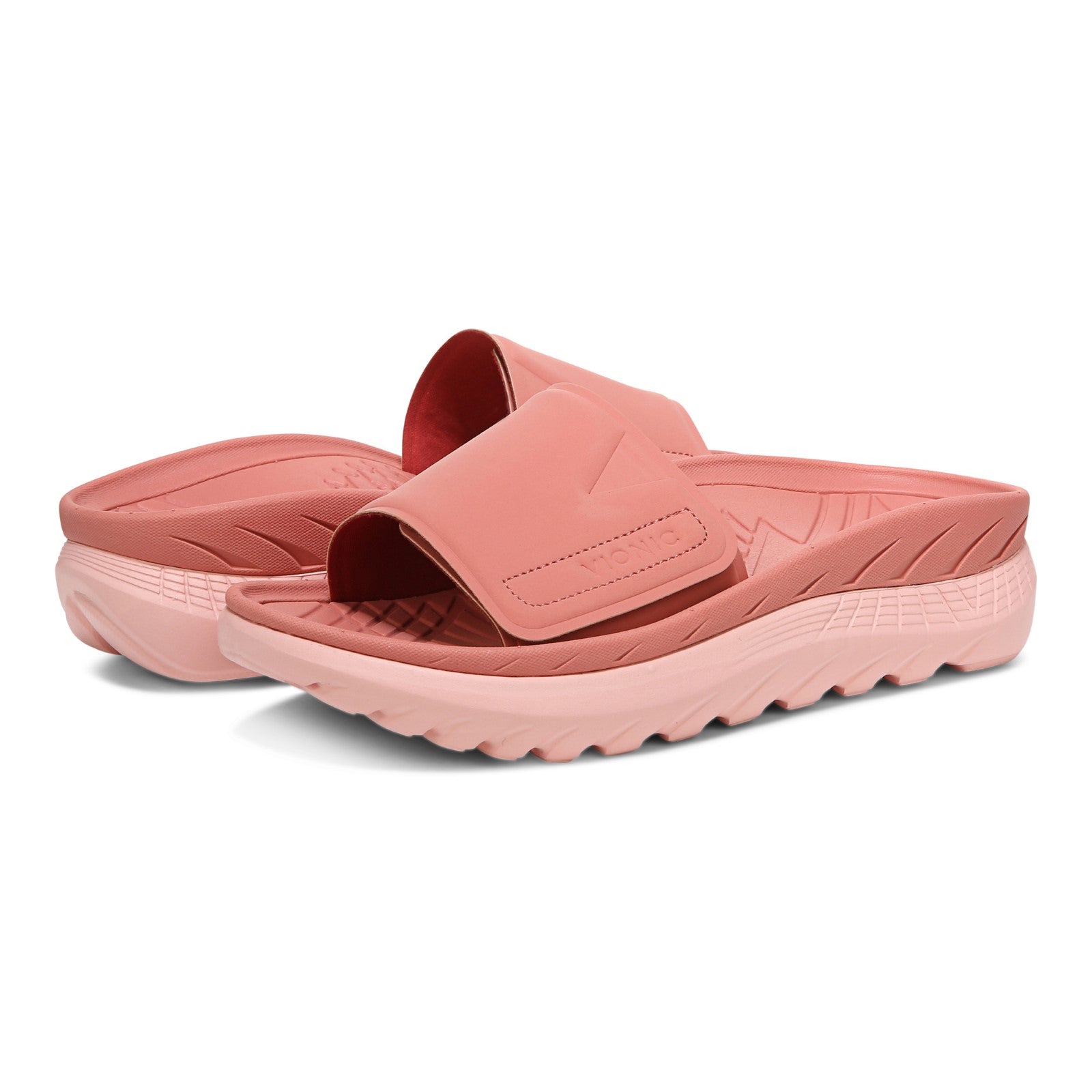 Vionic Rejuvenate Unisex Slide Recovery Sandals - Terra Cotta/roze - pair left angle