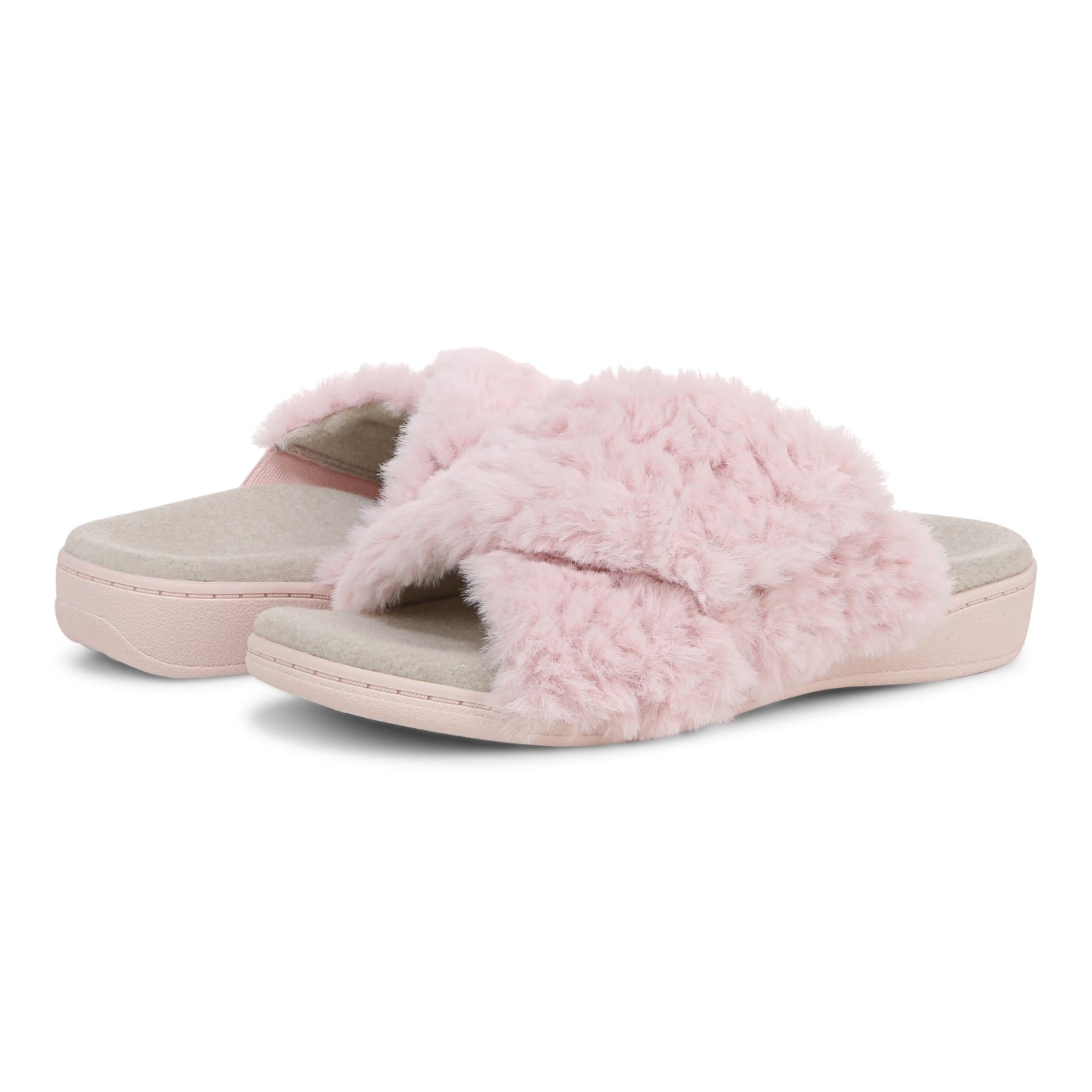 Vionic Relax Ii womens Slide Slipper - Light Pink Fur - pair left angle