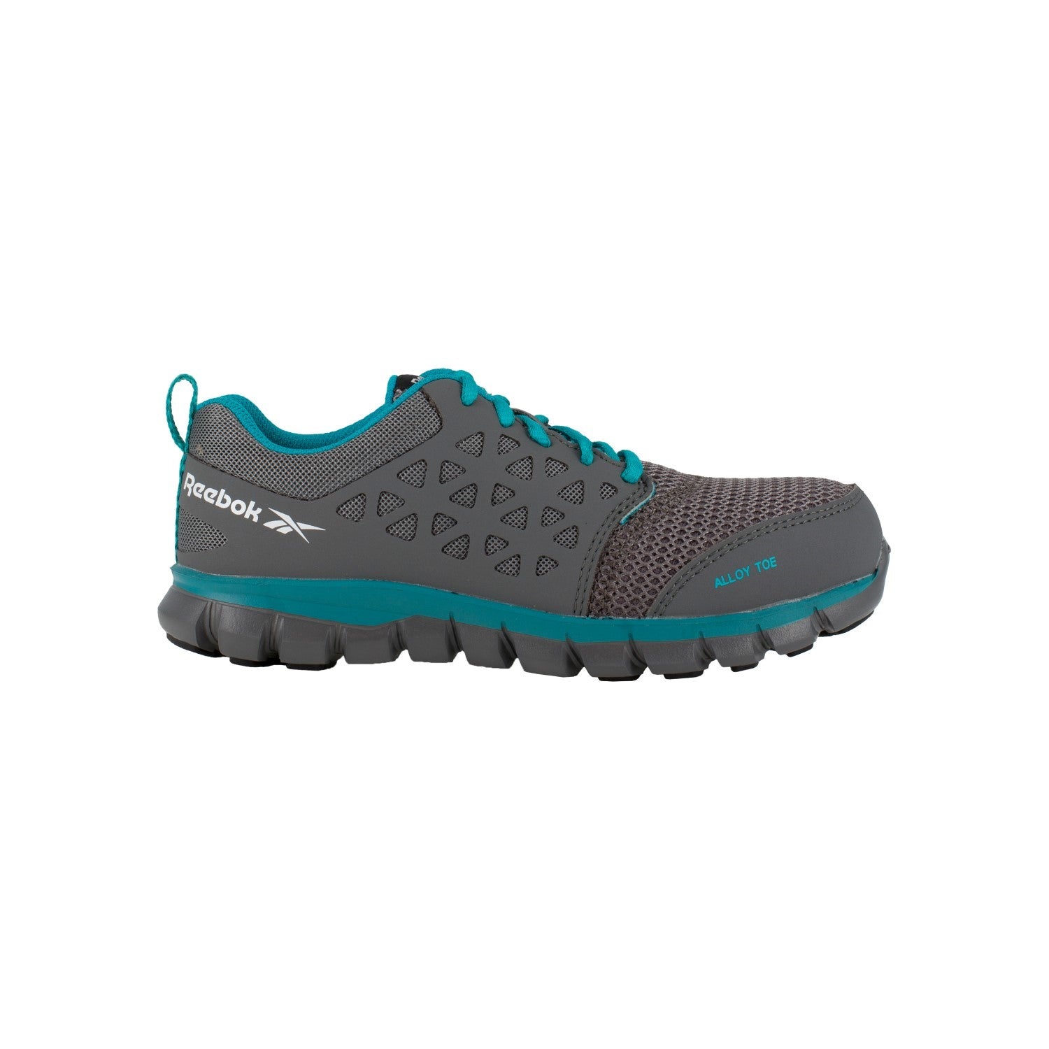 Reebok Work Women's Sublite Cushion Comp Toe Athletic Work Shoe ESD - Grey and Turquoise - Side View