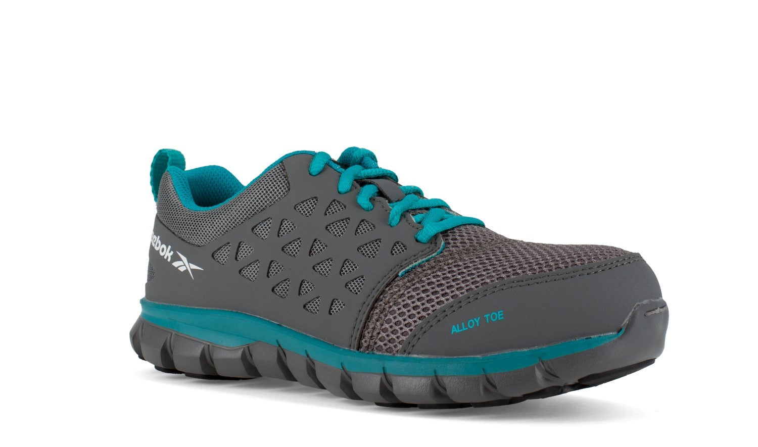 Reebok Work Women's Sublite Cushion Comp Toe Athletic Work Shoe ESD - Grey and Turquoise - Profile View
