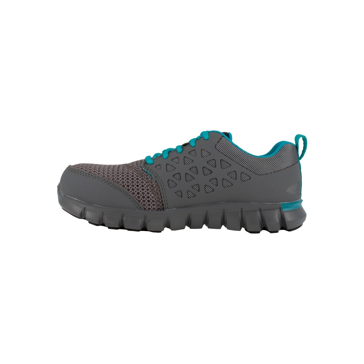 Reebok Work Women's Sublite Cushion Comp Toe Athletic Work Shoe ESD - Grey and Turquoise - Side View