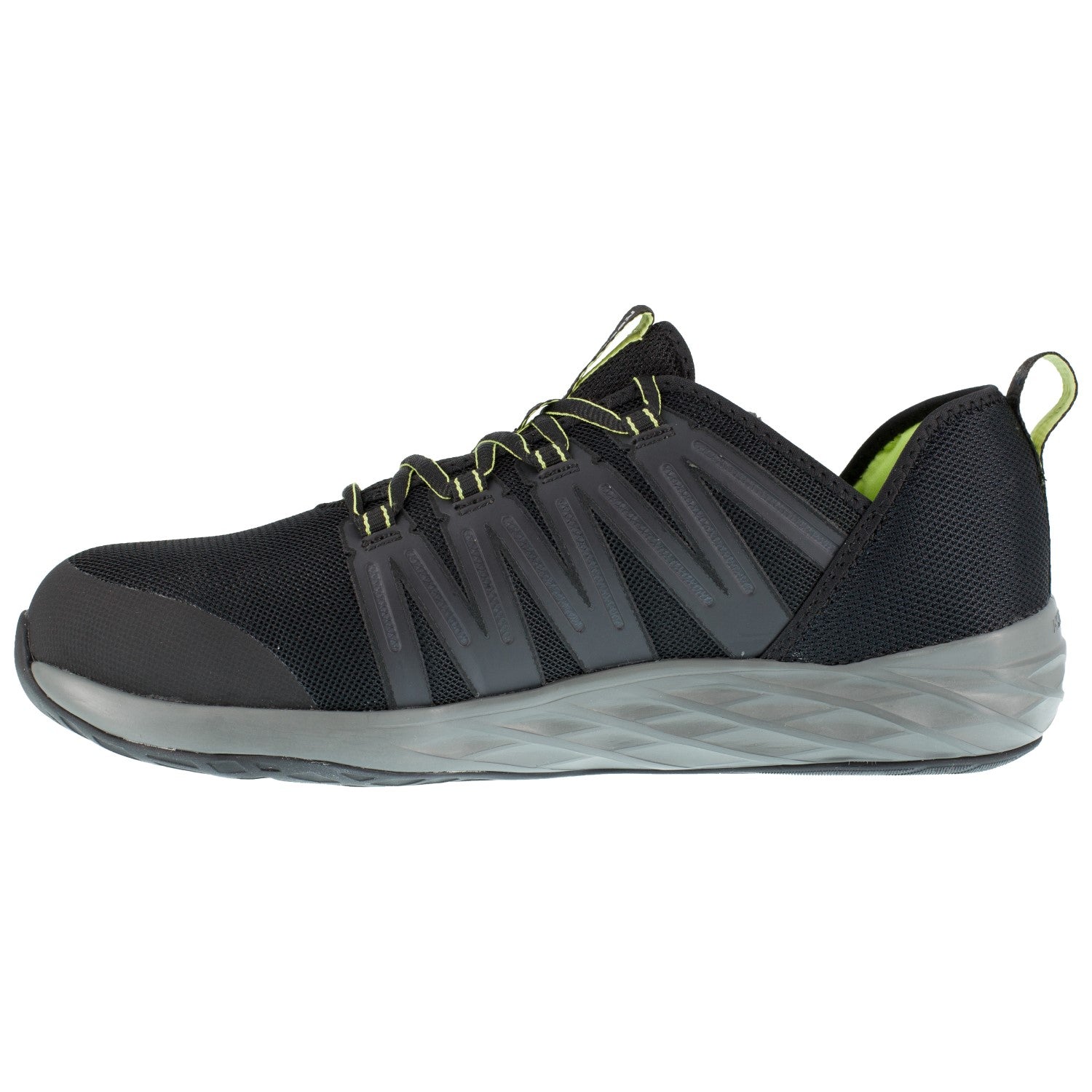 Reebok Work Men's Astroride Steel Toe ESD Athletic Shoe - Black and Neon Green - Side View