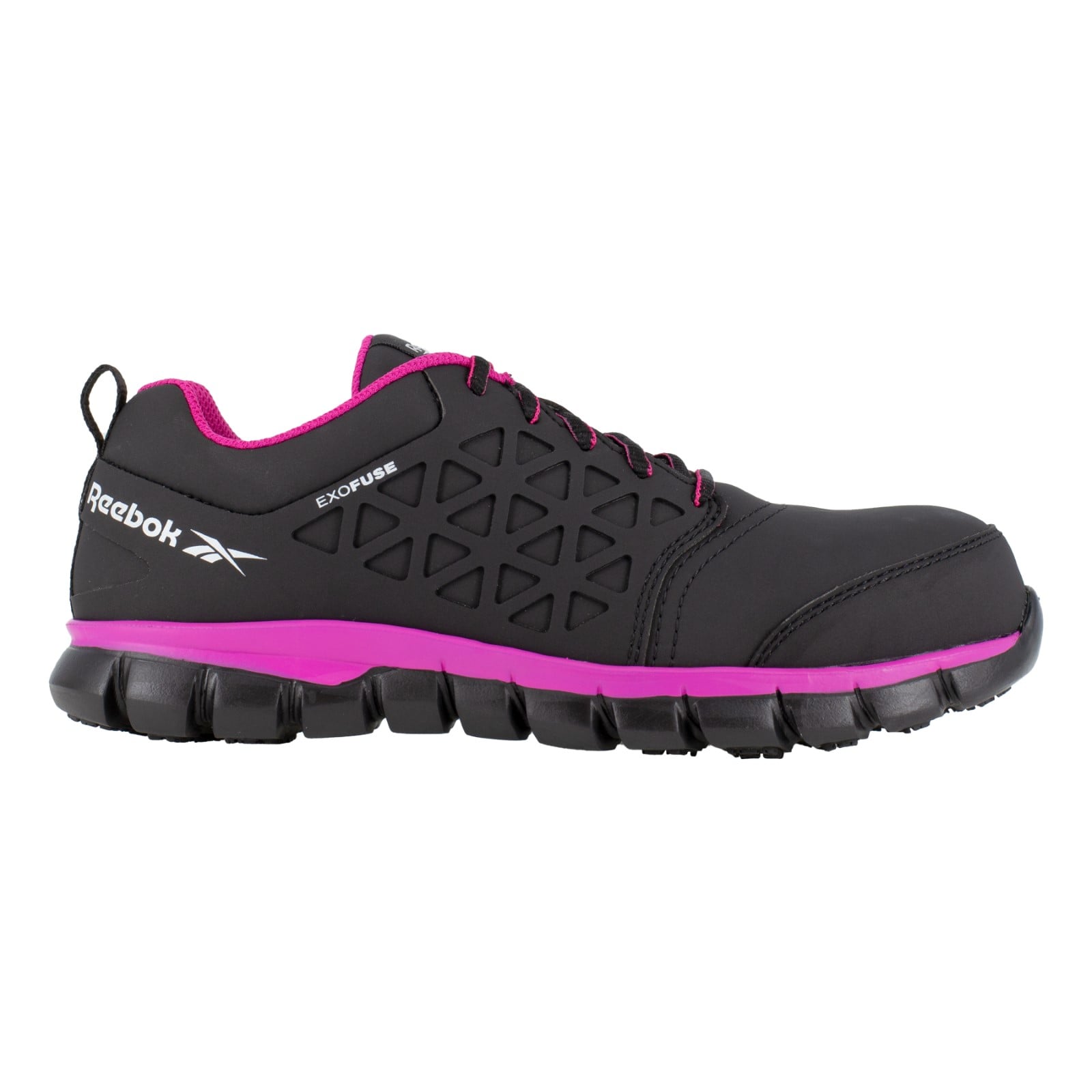 Reebok Work Women's Sublite Cushion EH Composite Toe Athletic Work Shoe Industrial - Black/Pink - Side View