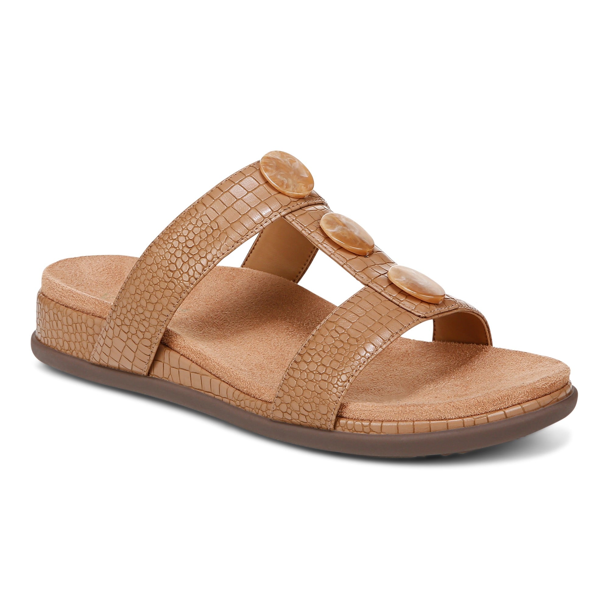 Vionic Serra Women's T-Strap Slip-on Supportive Sandal in Camel
