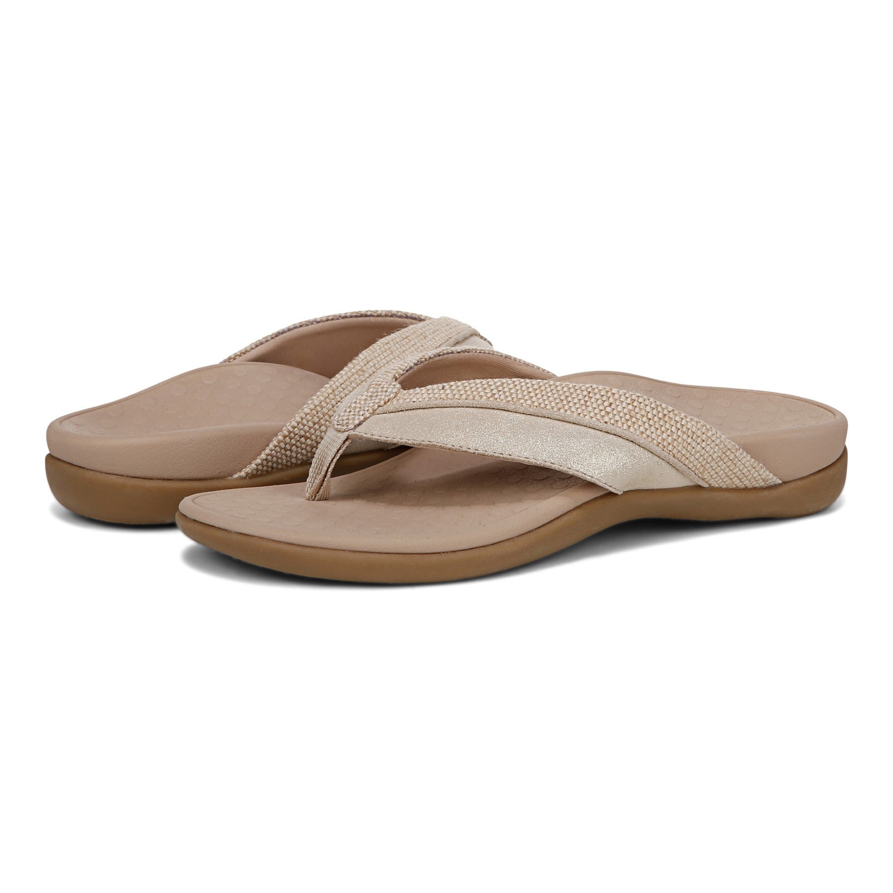 Vionic Shore Women's Orthotic Supportive Comfortable Flip-Flop Sandal - Natural/gold - pair left angle