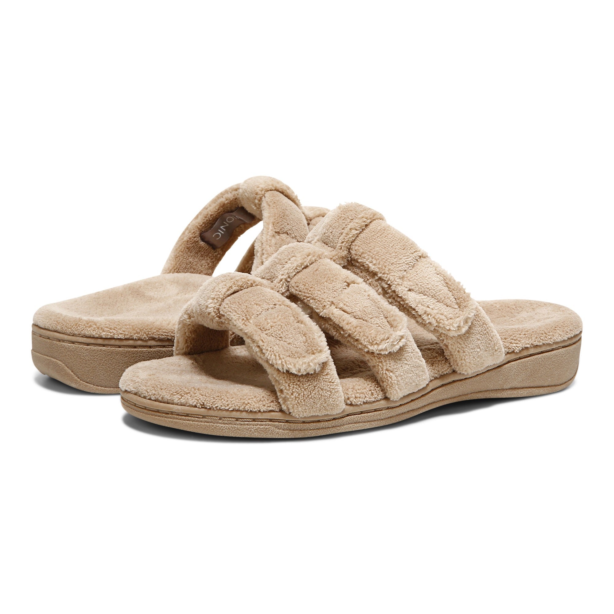 Vionic Adjustable Open-Toe Slipper with Orthotic Arch Support - Indulge Snooze - Wheat - pair left angle