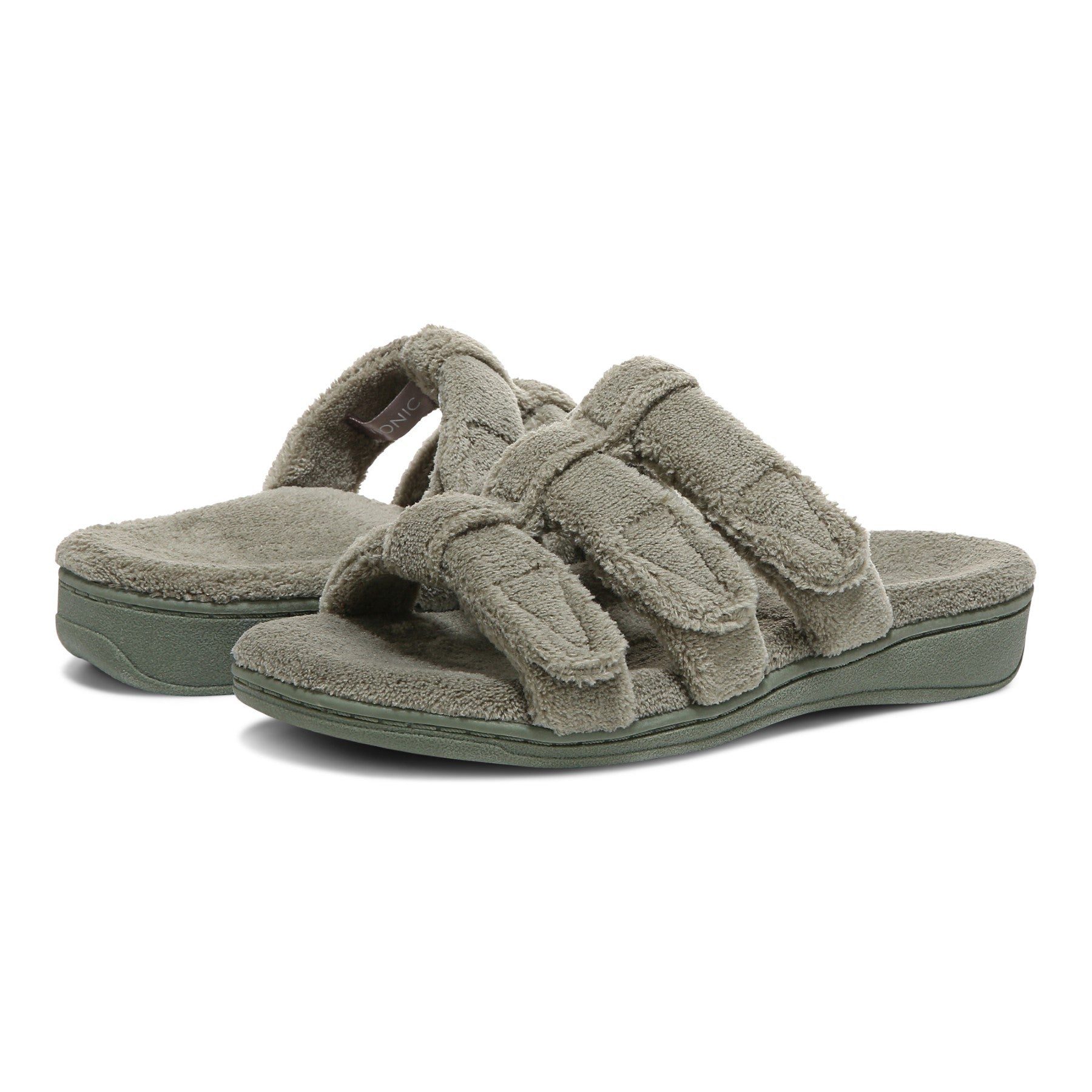 Vionic Adjustable Open-Toe Slipper with Orthotic Arch Support - Indulge Snooze - Army Green - pair left angle