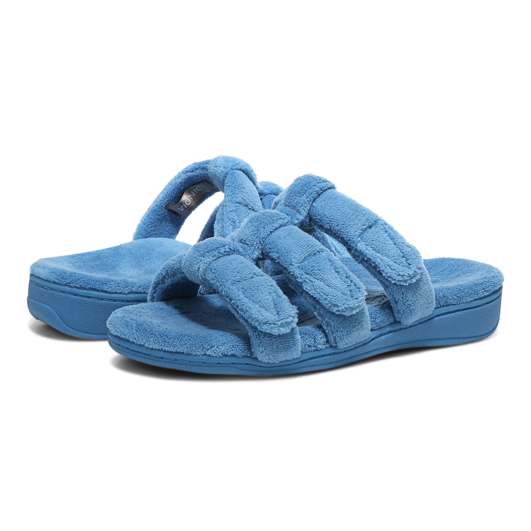 Vionic Adjustable Open-Toe Slipper with Orthotic Arch Support - Indulge Snooze - Horizon Blue - pair left angle