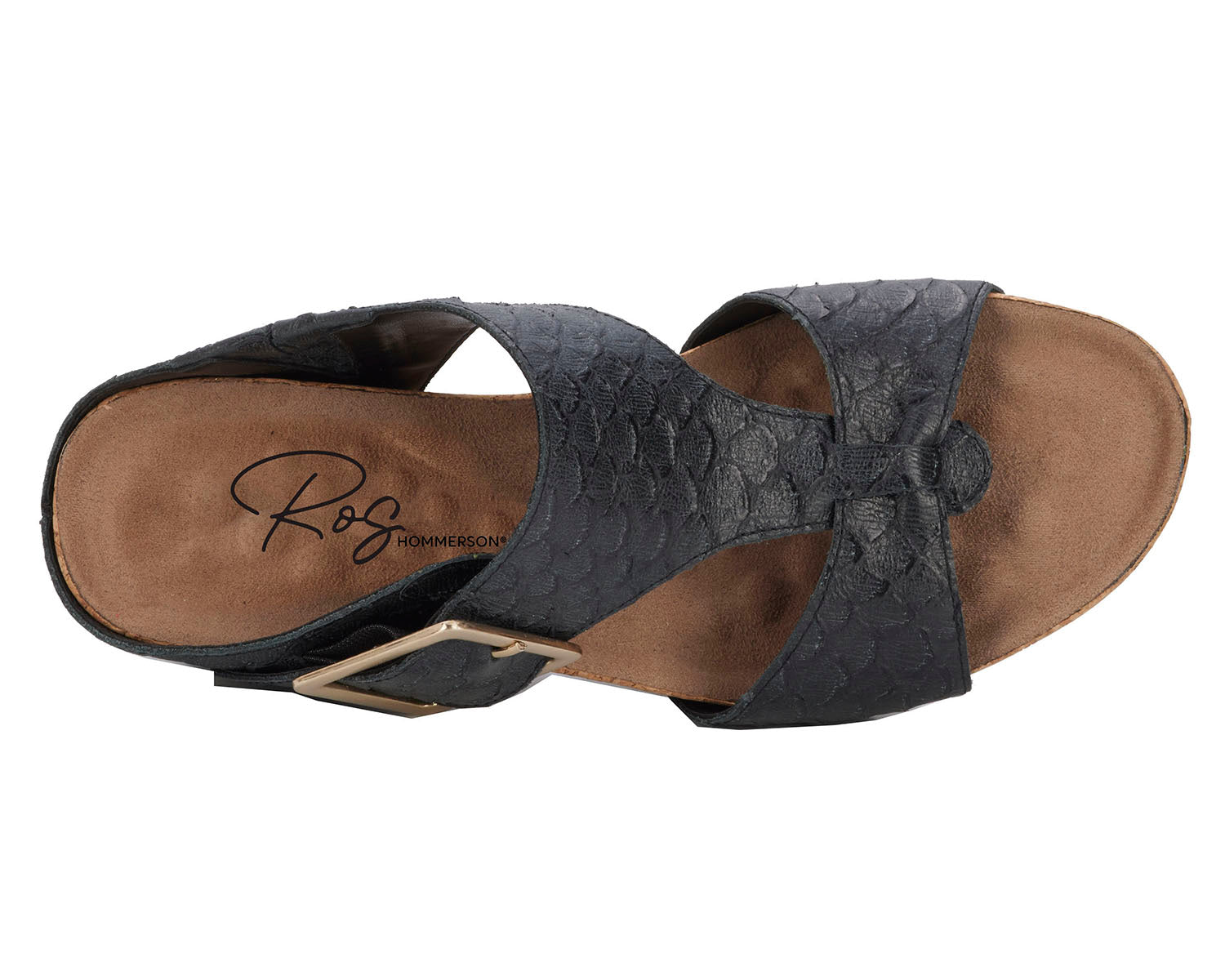Ros Hommerson Thea Women's Platform Wedge Sandal - Black Rustic Snake Print Leather - Sole View