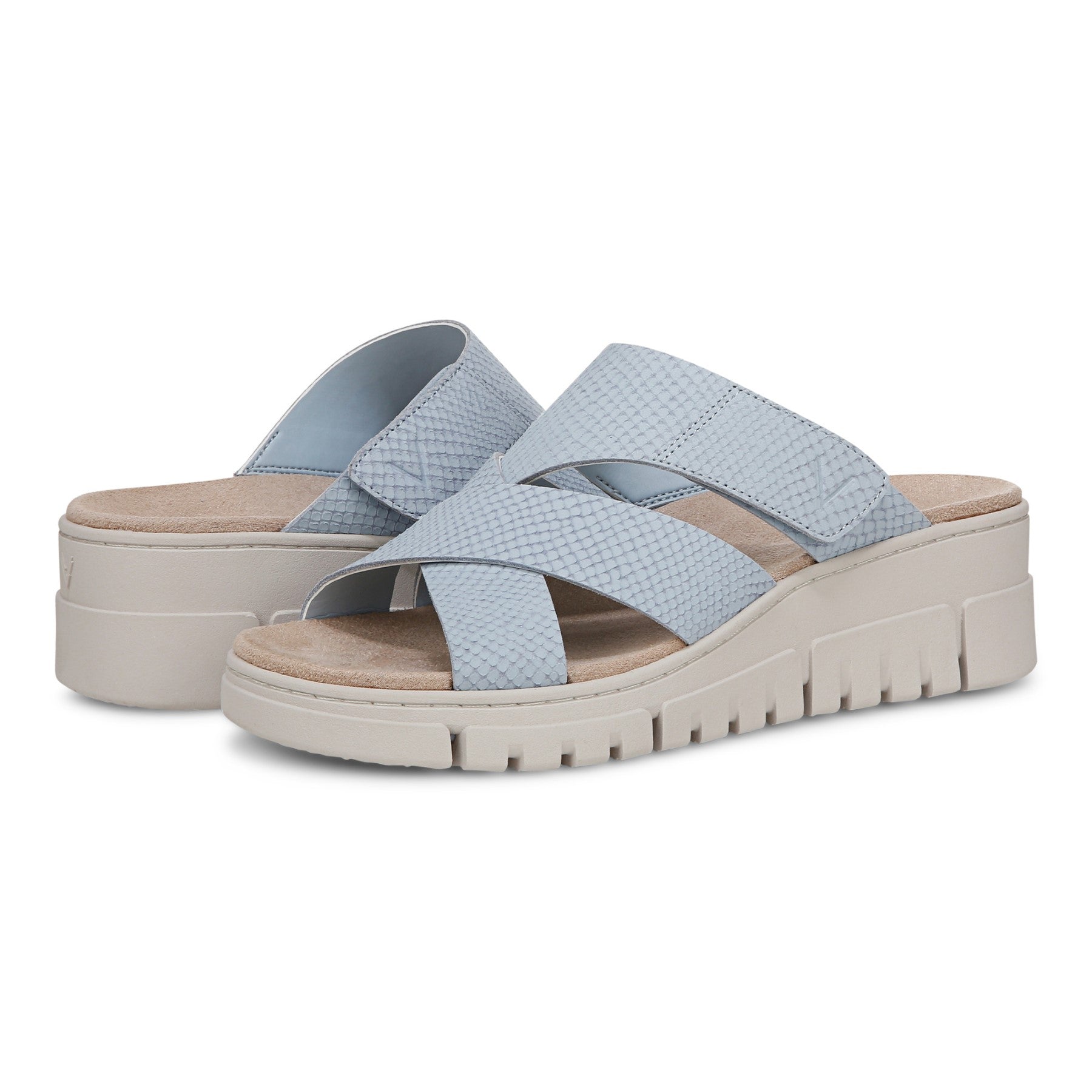 Vionic Uptown Sunset Women's Slide Sandal - Blue Mist - pair left angle