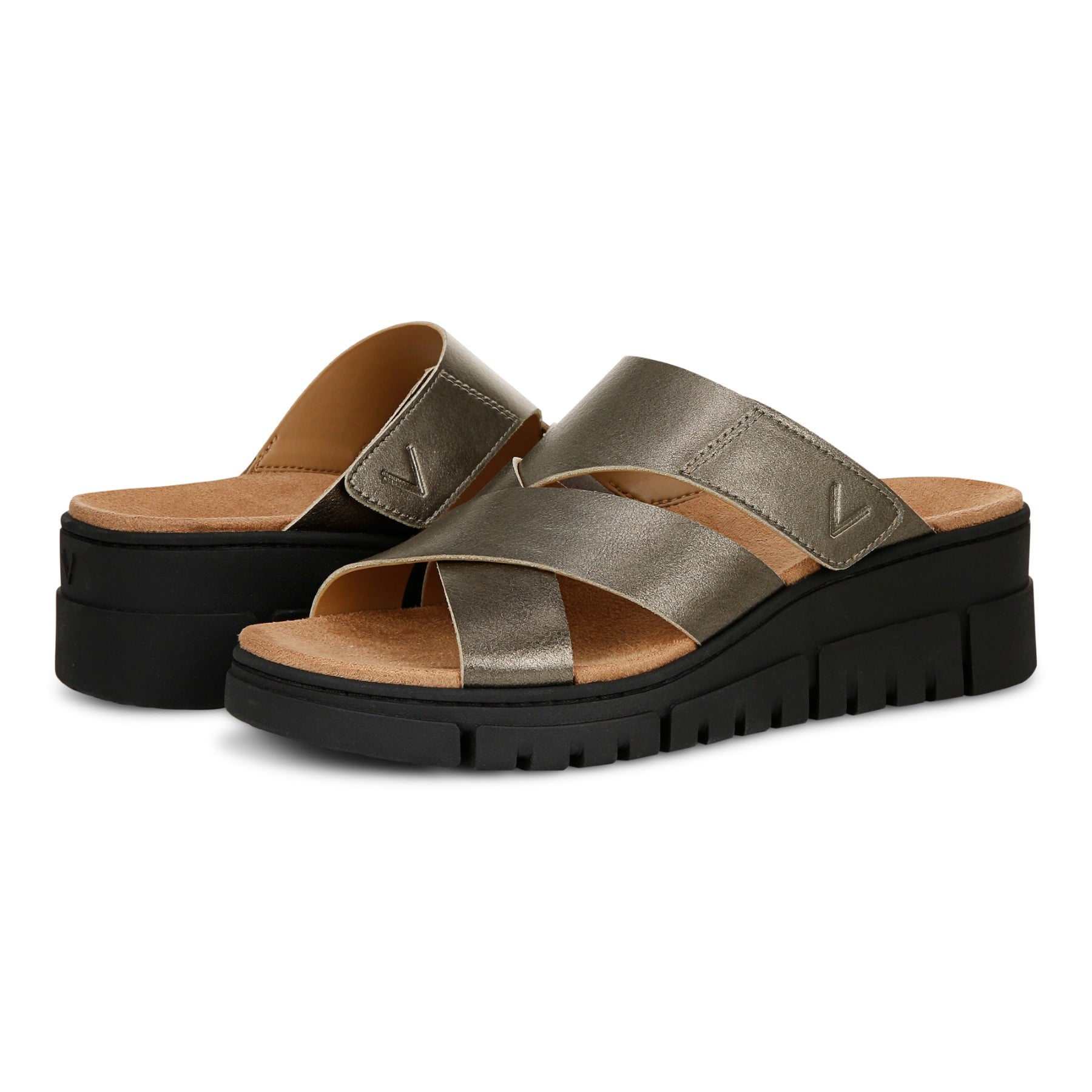 Vionic Uptown Sunset Women's Slide Sandal - Gunmetal - pair left angle