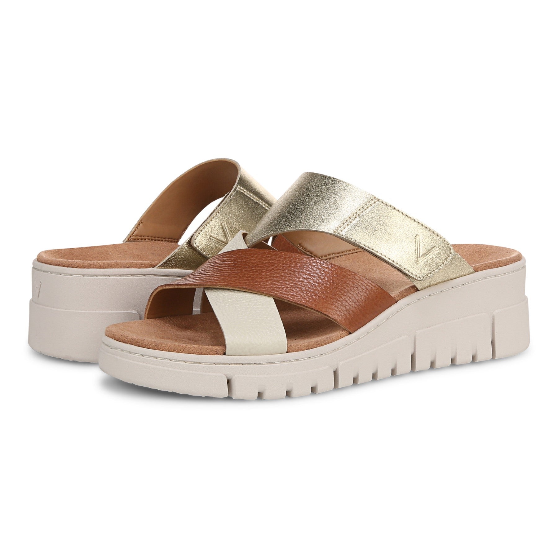 Vionic Uptown Sunset Women's Slide Sandal - Tan/gold - pair left angle
