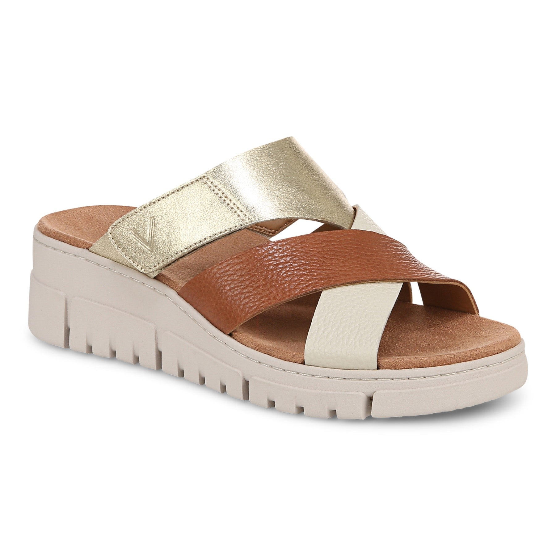 Vionic Uptown Sunset Women's Orthotic Supportive Slide Sandal in Tan/gold