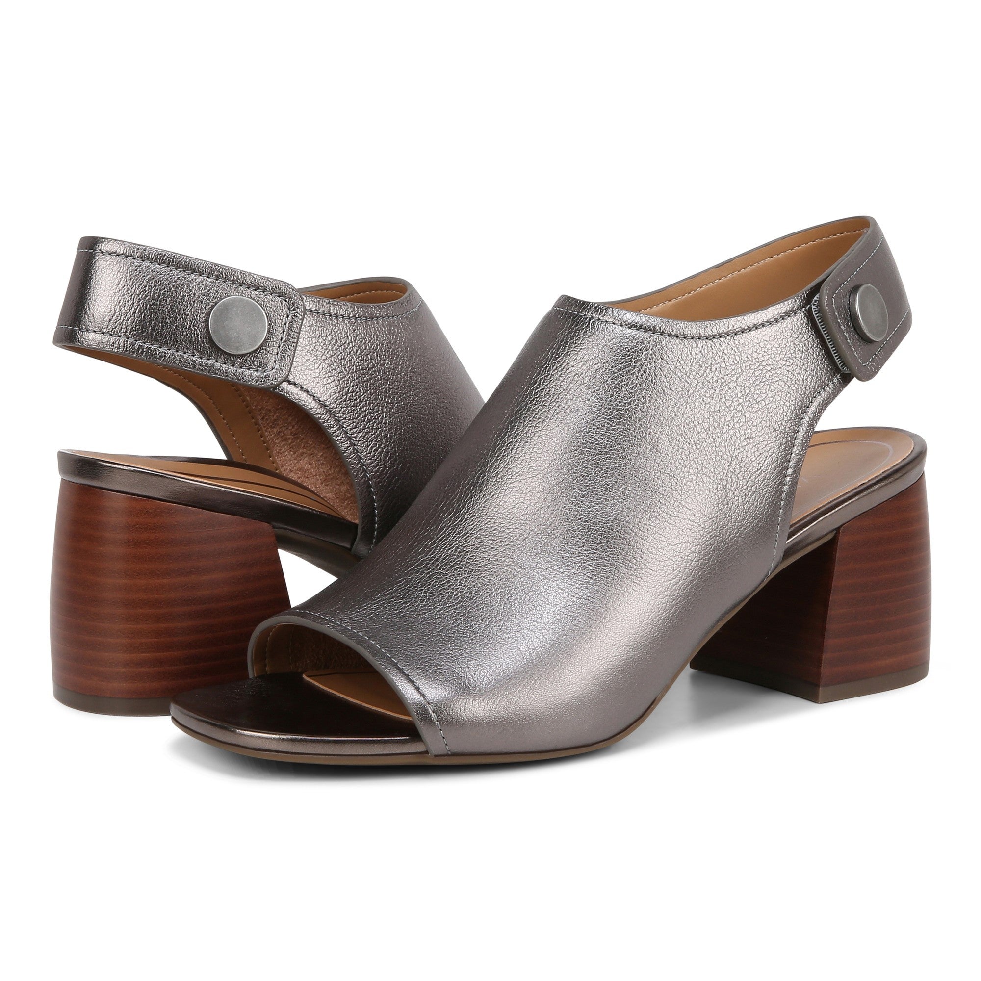 Vionic Valencia Women's Heeled Comfort Gold-Rated-Leather Sandal - Pewter - pair left angle