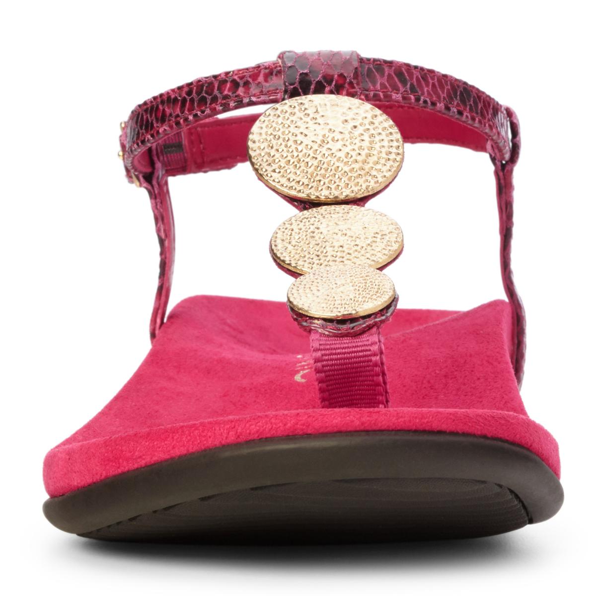 Vionic Lizbeth Women's T-strap Orthotic Sandal - 6 front view Raspberry Snake