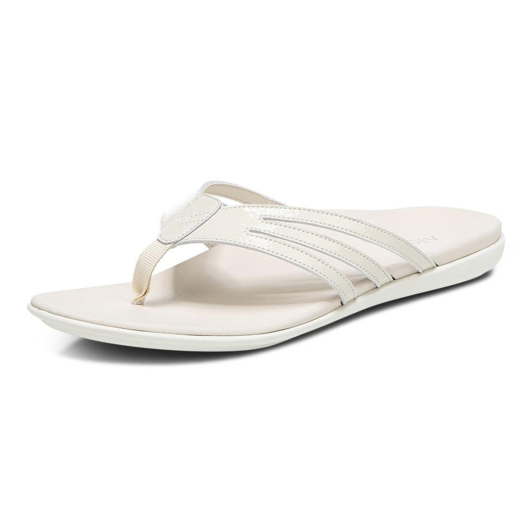 Vionic Alta Women's Toe Post Orthotic Sandals - Cream Crinkle Ptnt - Left angle