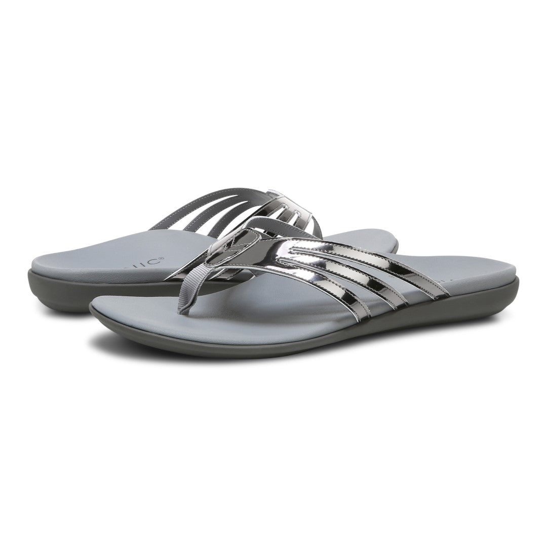 Vionic Alta Women's Toe Post Orthotic Sandals - Pewter Metallic - pair left angle