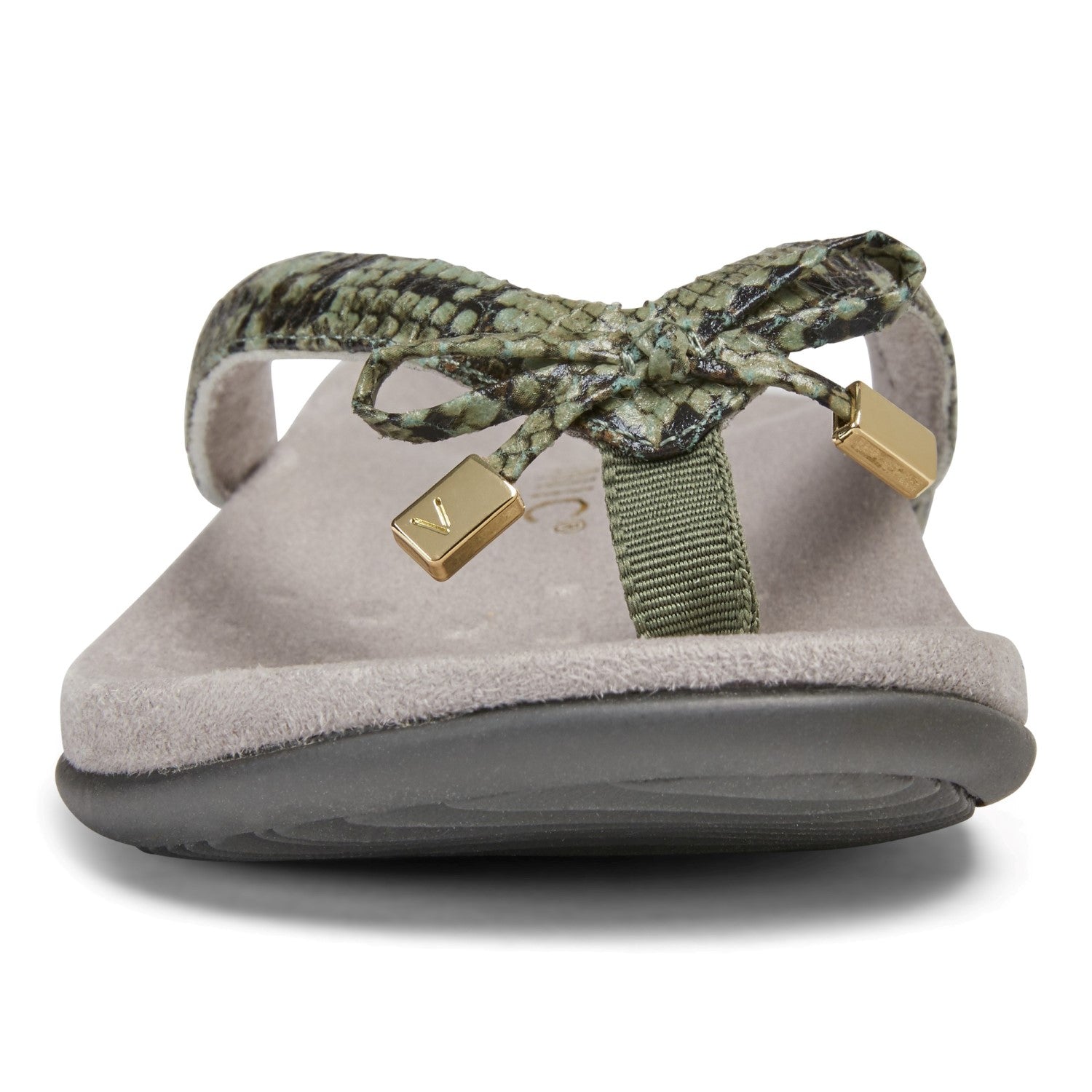 Vionic Bella - Women's Orthotic Thong Sandals - Olive Snake 6 front view