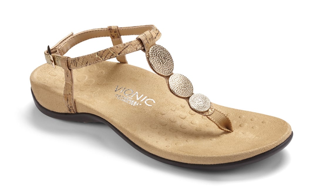 Vionic Lizbeth Women's T-strap Orthotic Sandal in Gold Cork
