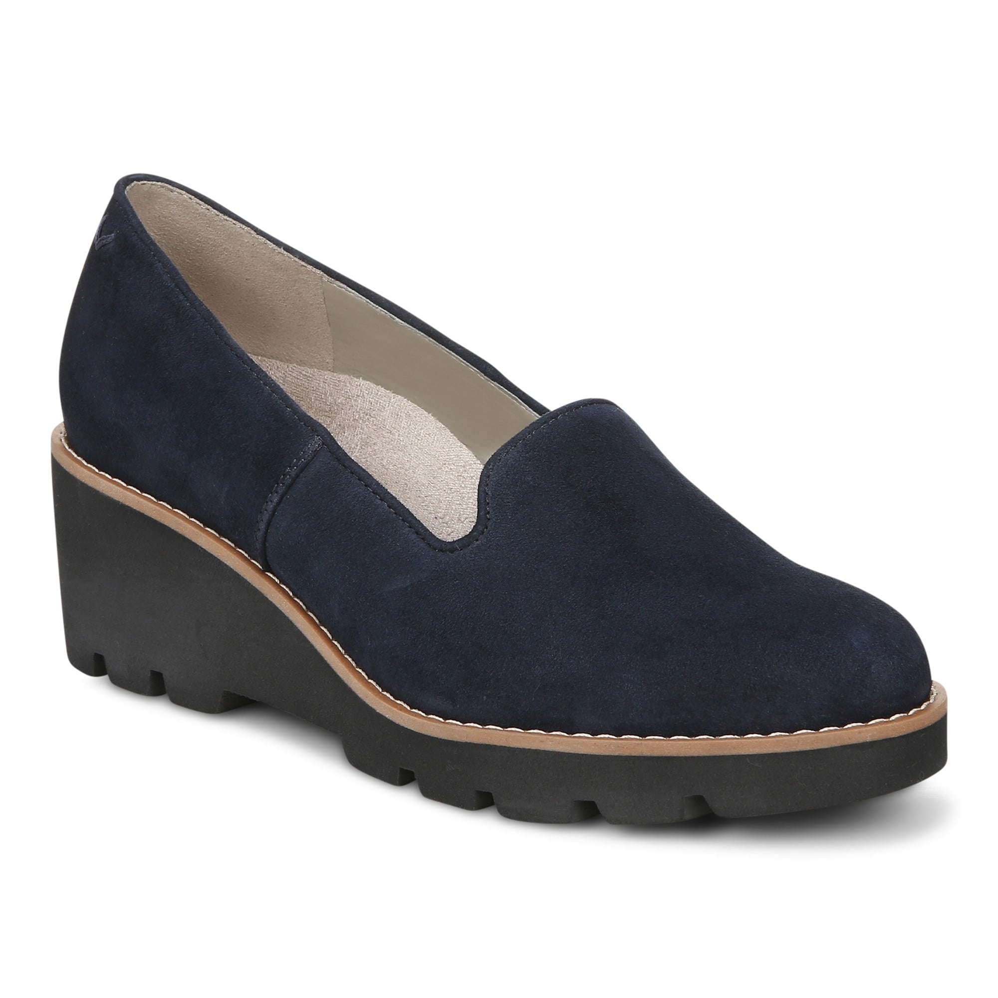 Vionic Willa Wedge Women's Slip-On Loafer Moc Wedge Shoes in Navy Sde