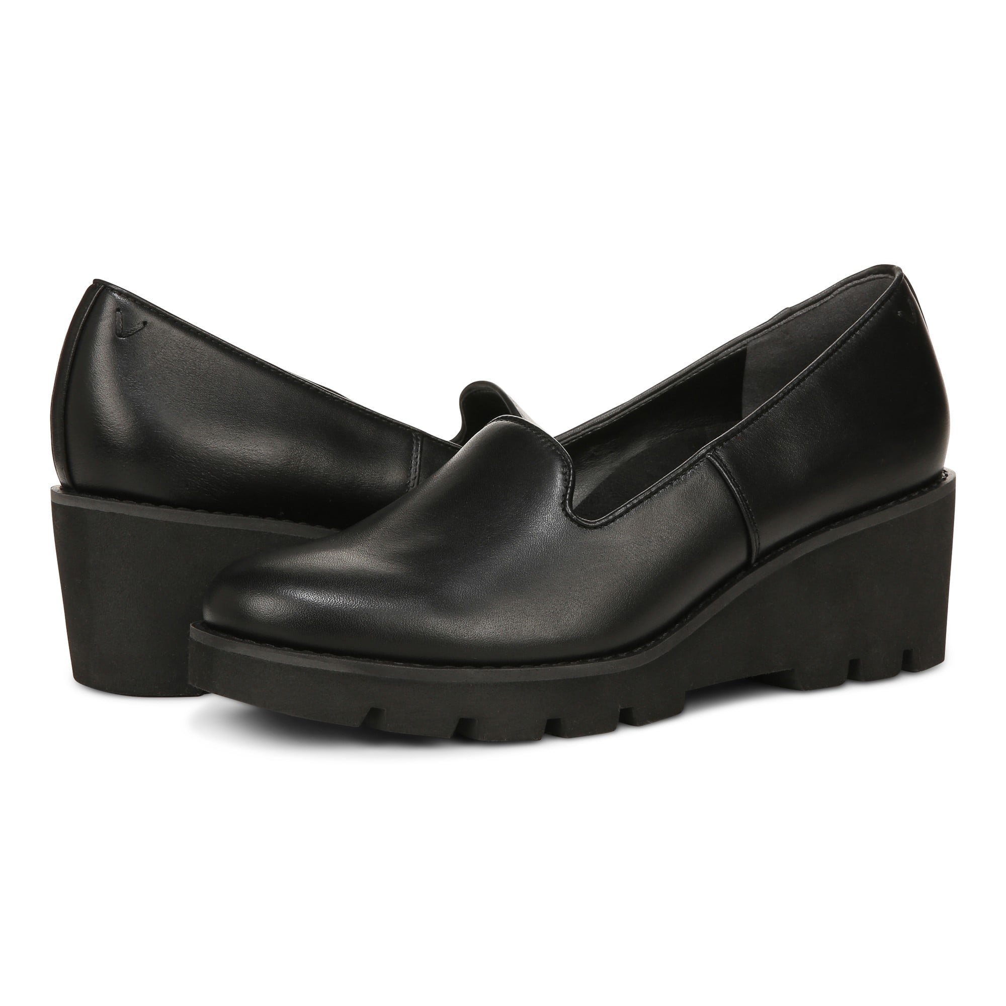 Vionic Willa Wedge Womens Slip On/Loafer/Moc Wedge - Black Leather - pair left angle