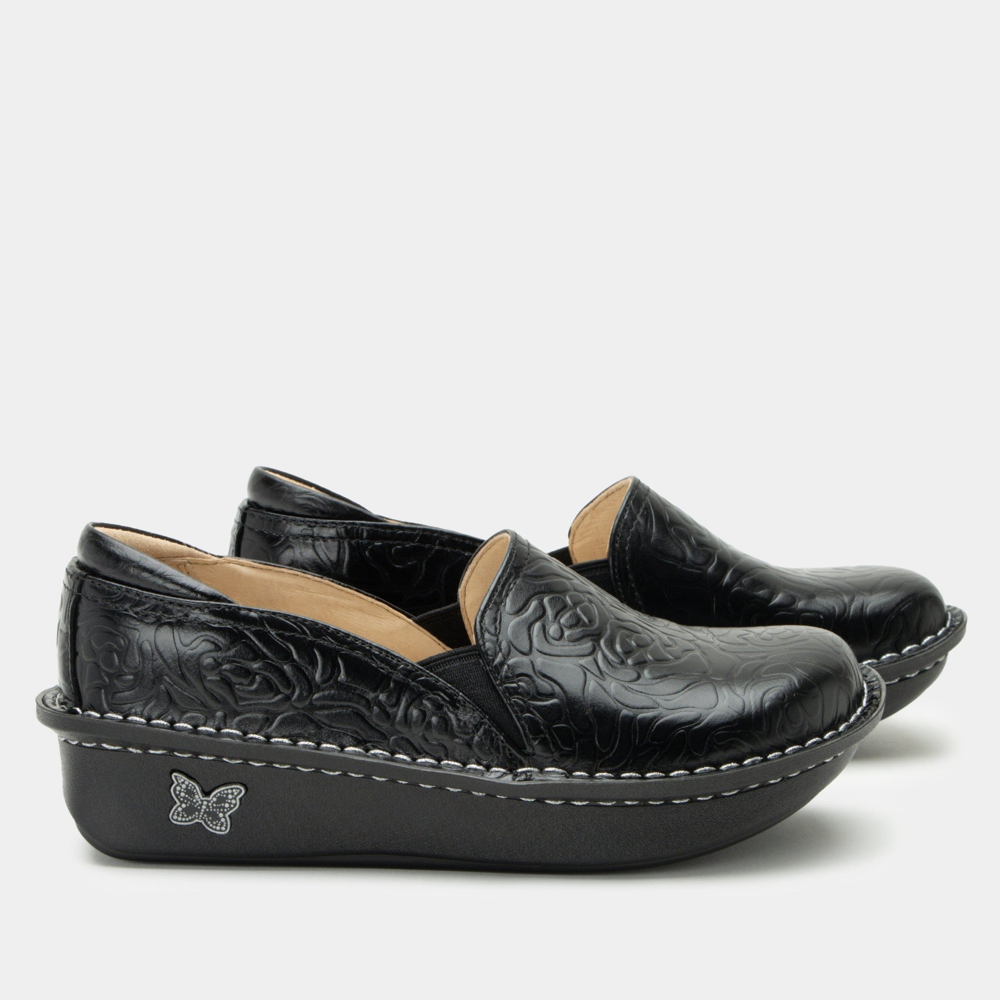 Alegria Debra Comfort Arch Support Women's Slip-On Clog - Black Embossed Rose - 3