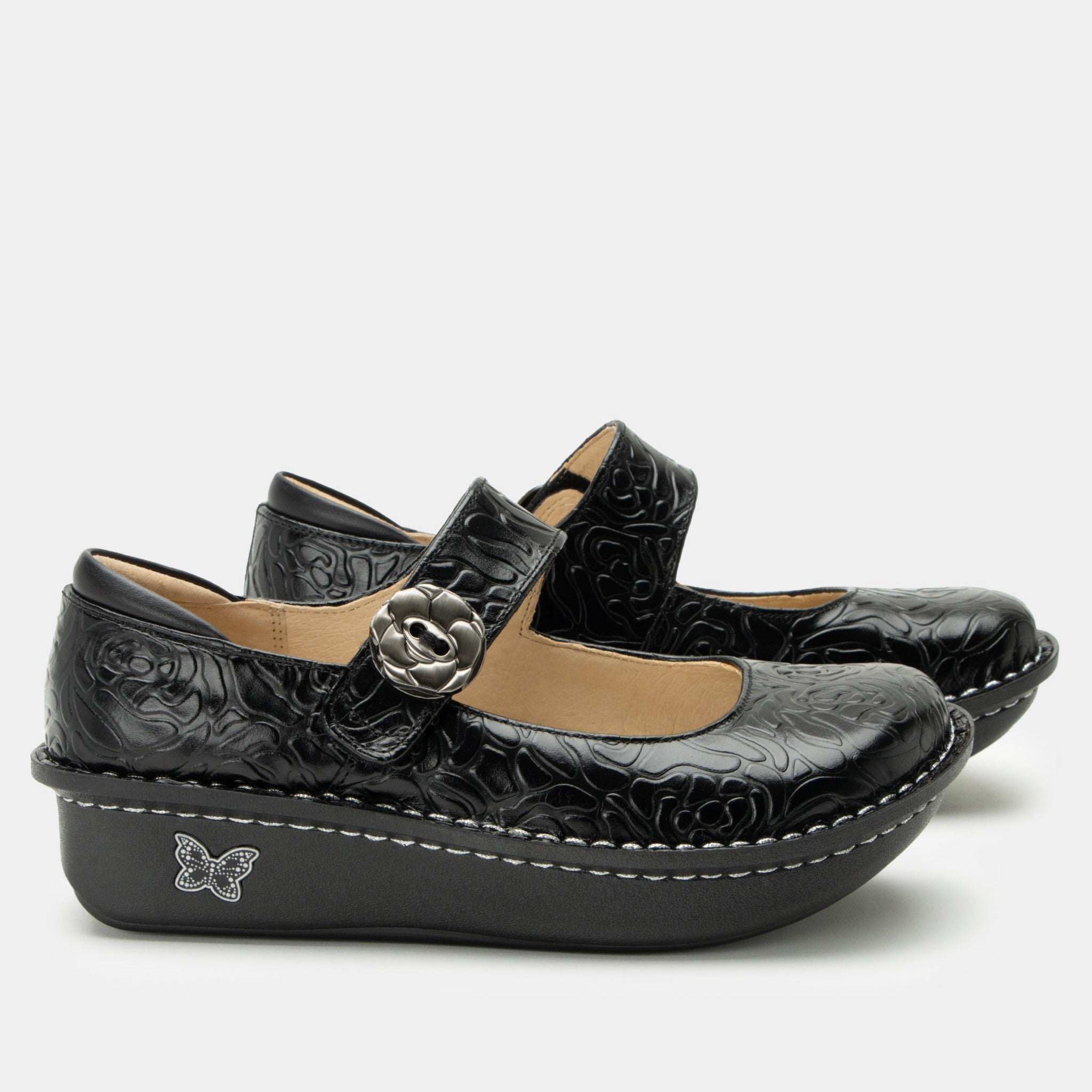 Alegria Paloma Classic Rocker Comfort Arch Support Women's Mary Jane Shoe - Black Embossed Rose - 3