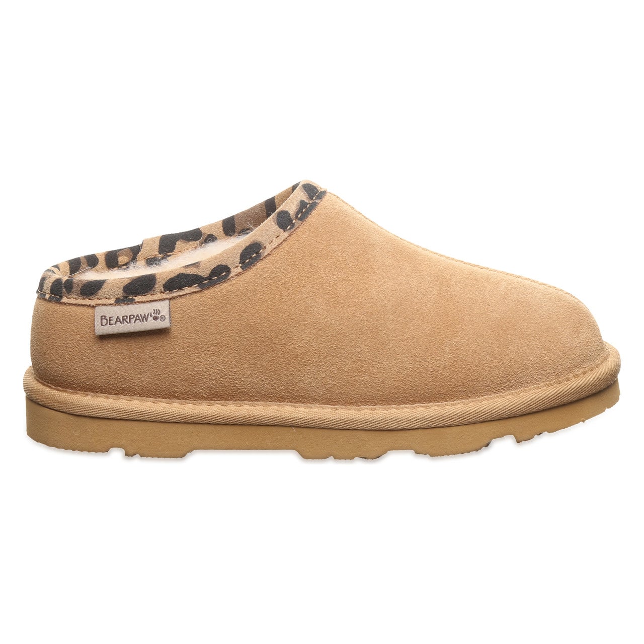 Bearpaw Tabitha Youth Kid's Indoor/outdoor Slippers - Iced Coffee/leopard Trim - side view 2