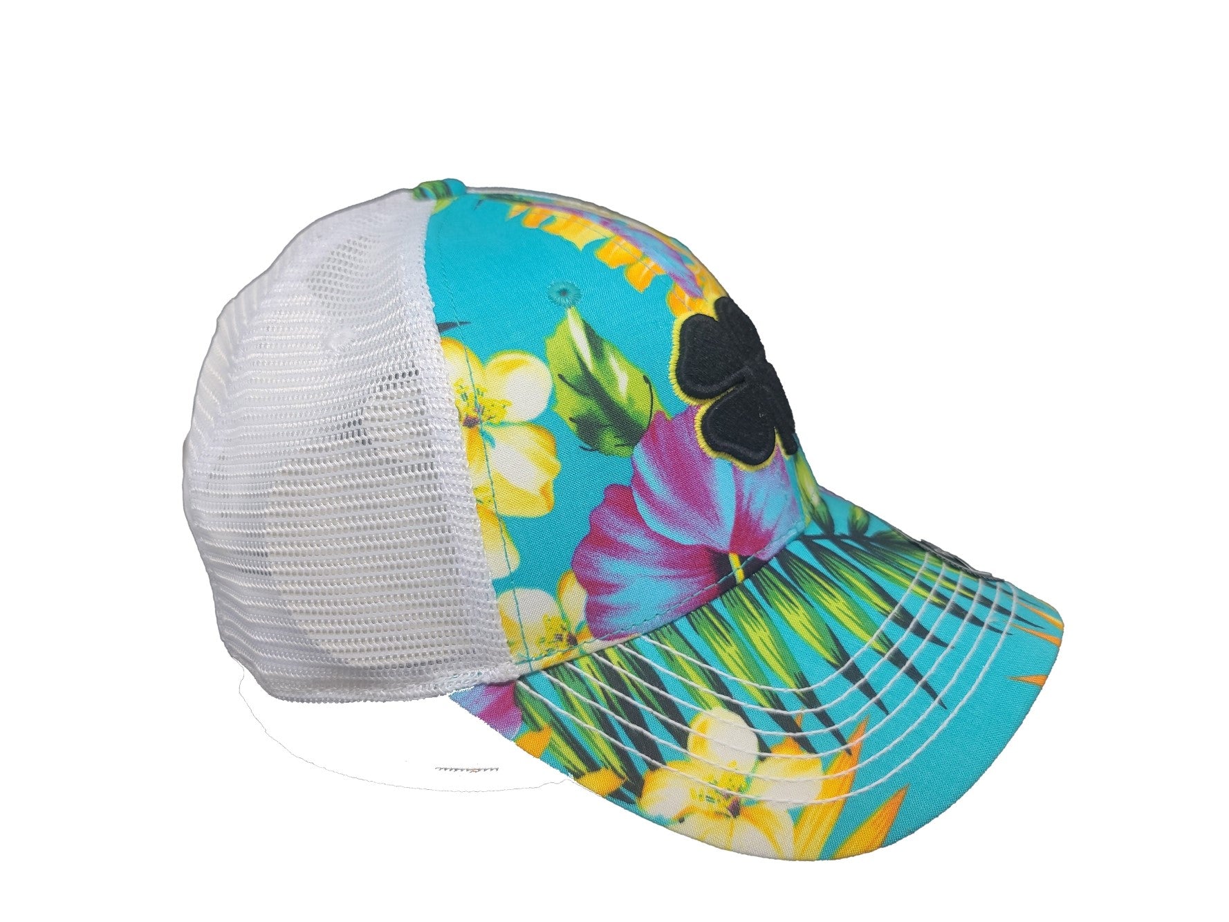Black Clover Island Luck Hat - Tropical Adjustable Snapback - Unisex - Side2 v2 5 - Black / Yellow / Tropical / White Mesh