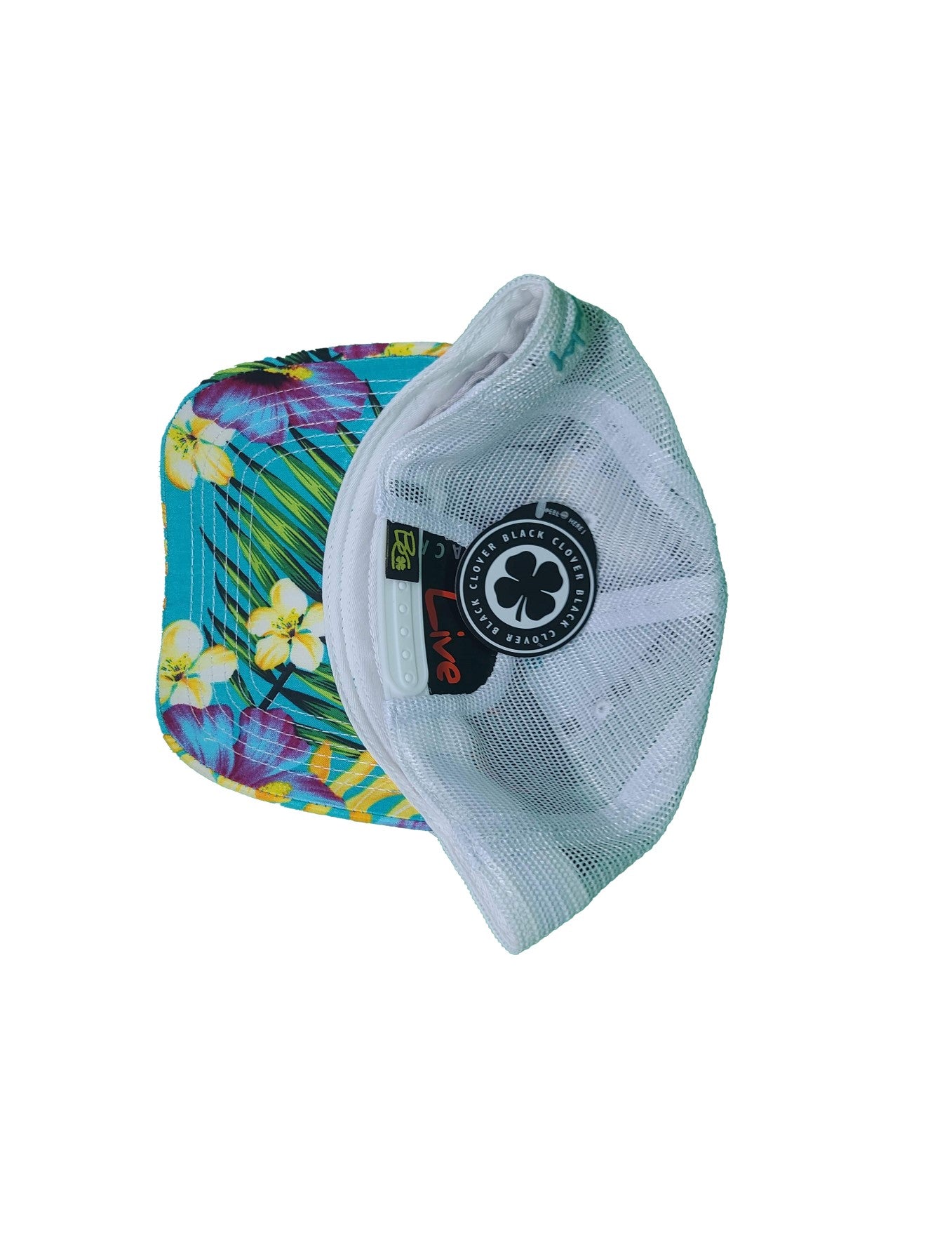 Black Clover Island Luck Hat - Tropical Adjustable Snapback - Unisex - Top v2 5 - Black / Yellow / Tropical / White Mesh
